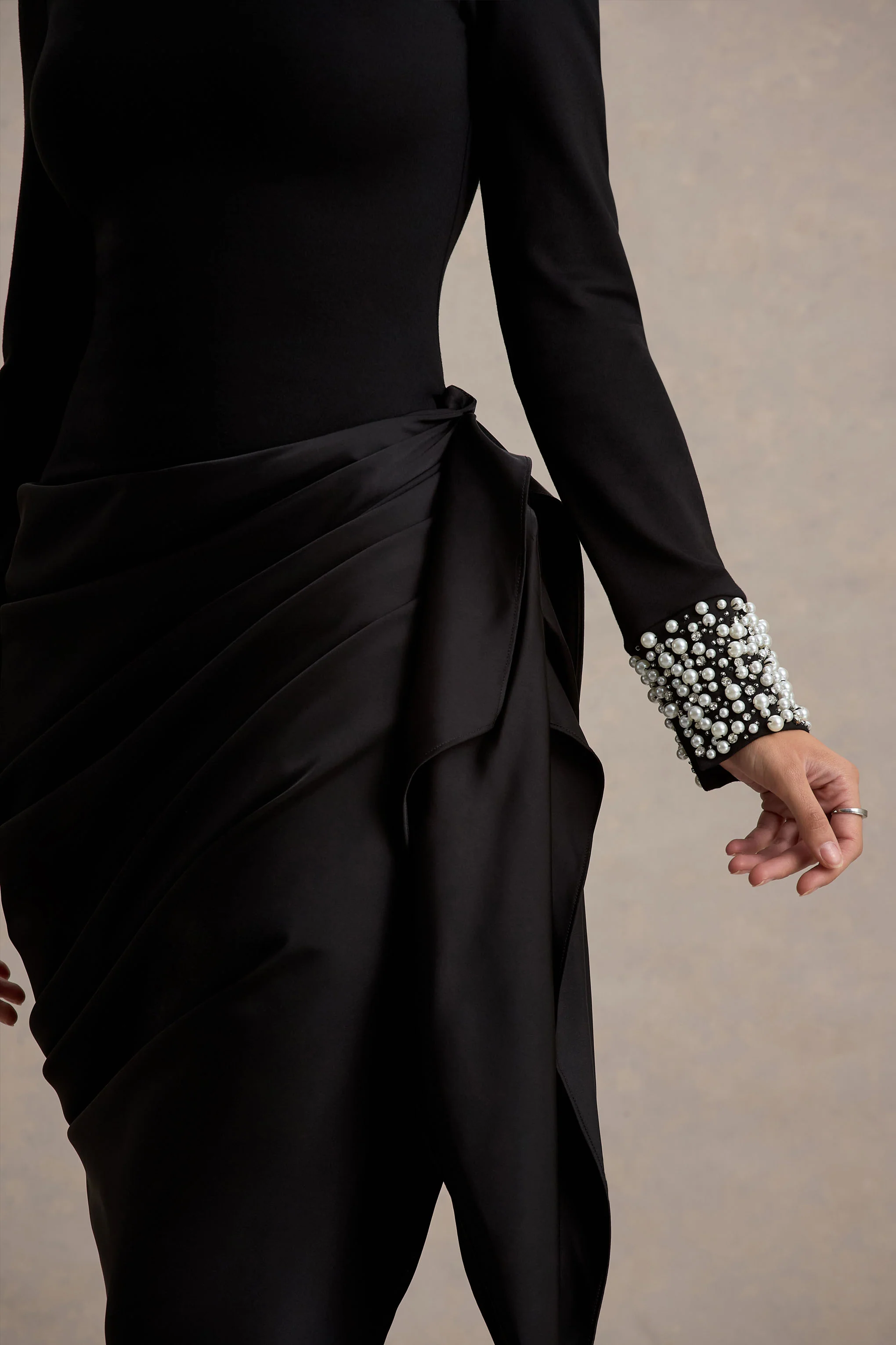 Luanna | Black Satin Long-Sleeve Midi Dress With Draped Skirt And Embellised Cuffs