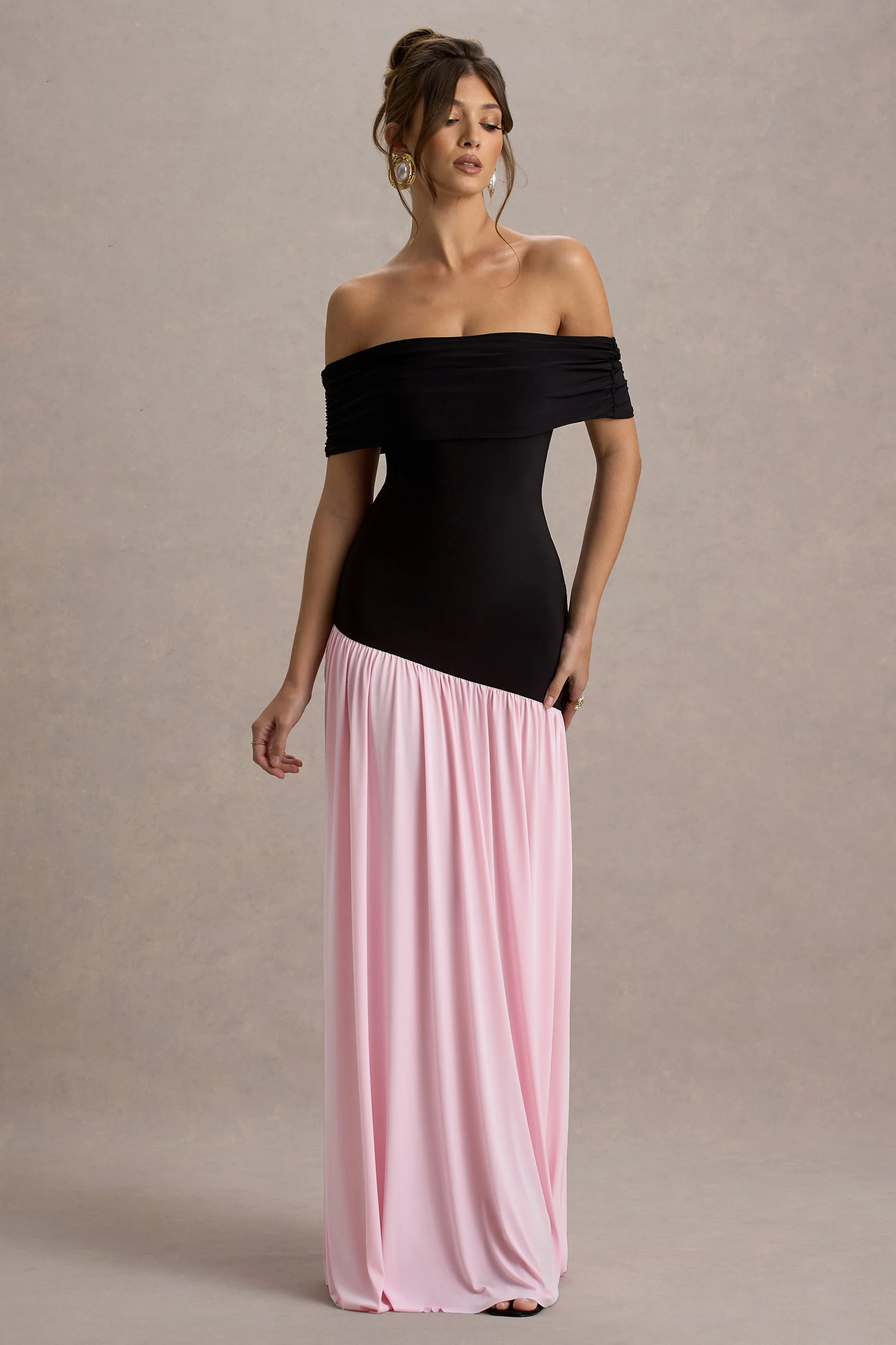 Venezia | Black & Pink Bardot Maxi Dress With Drop-Waist