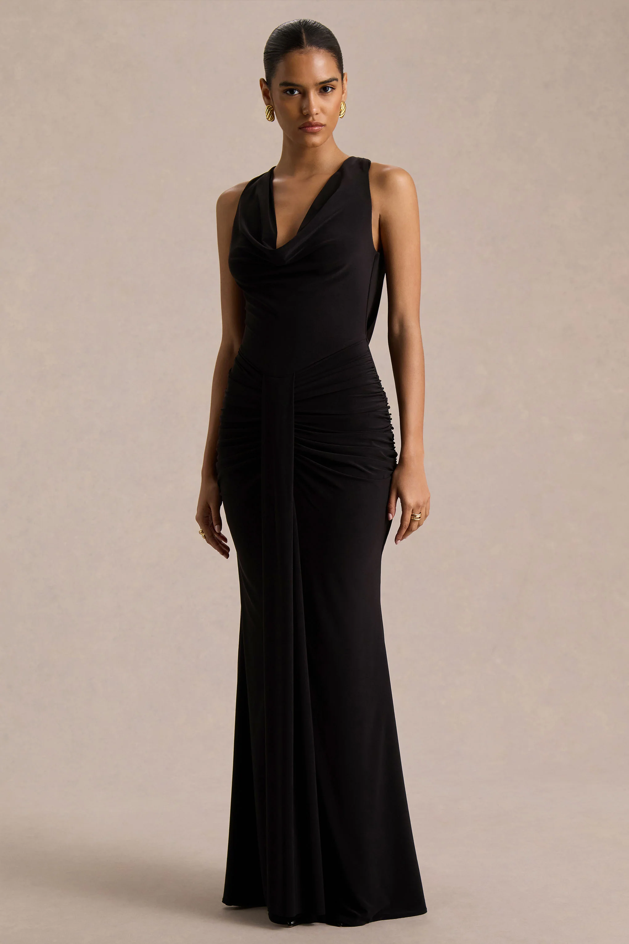 Mallie | Black Cowl-Neck Maxi Dress With Gathered-Detailing