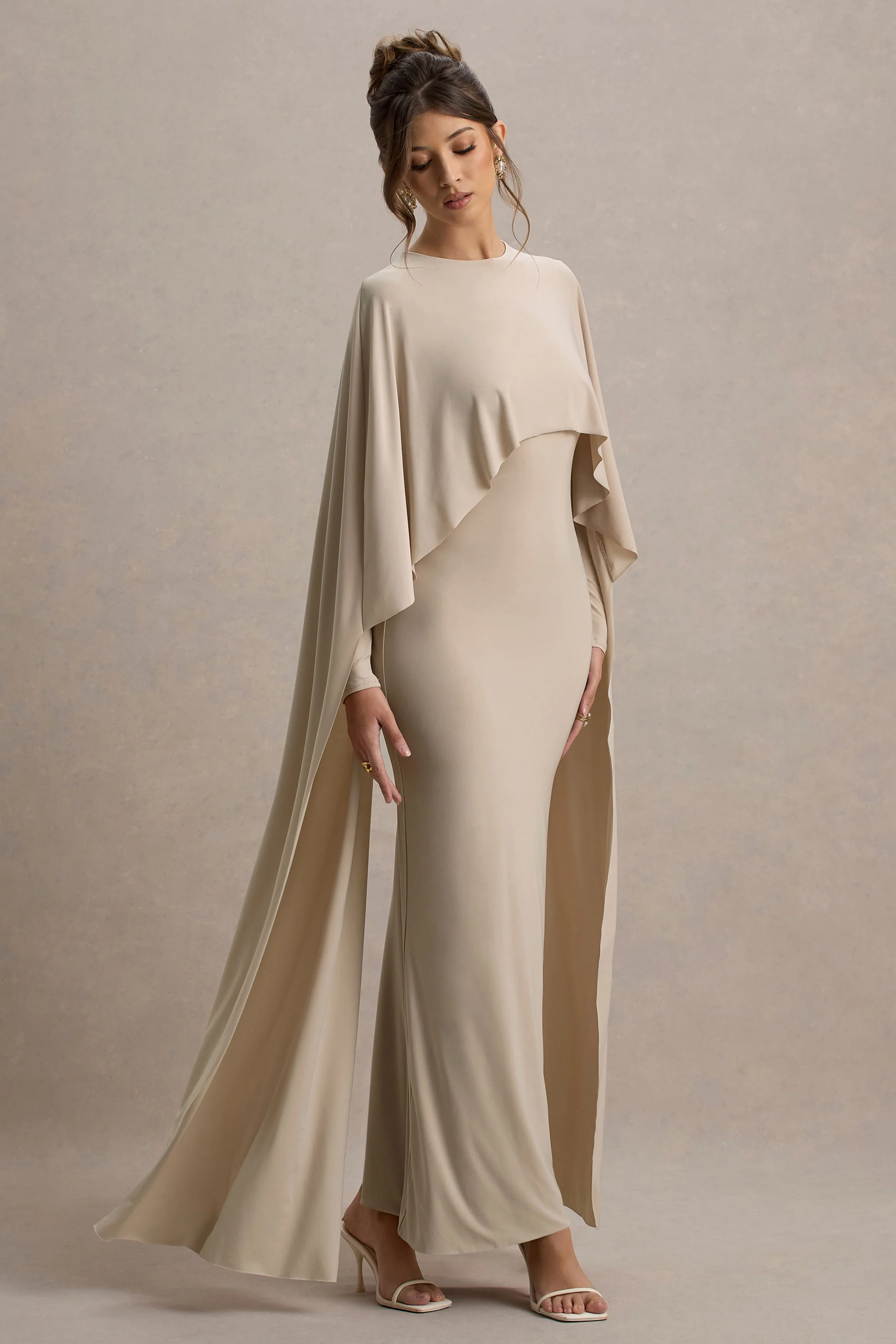 Belinda | Champagne Draped Maxi Dress With Cape Sleeves