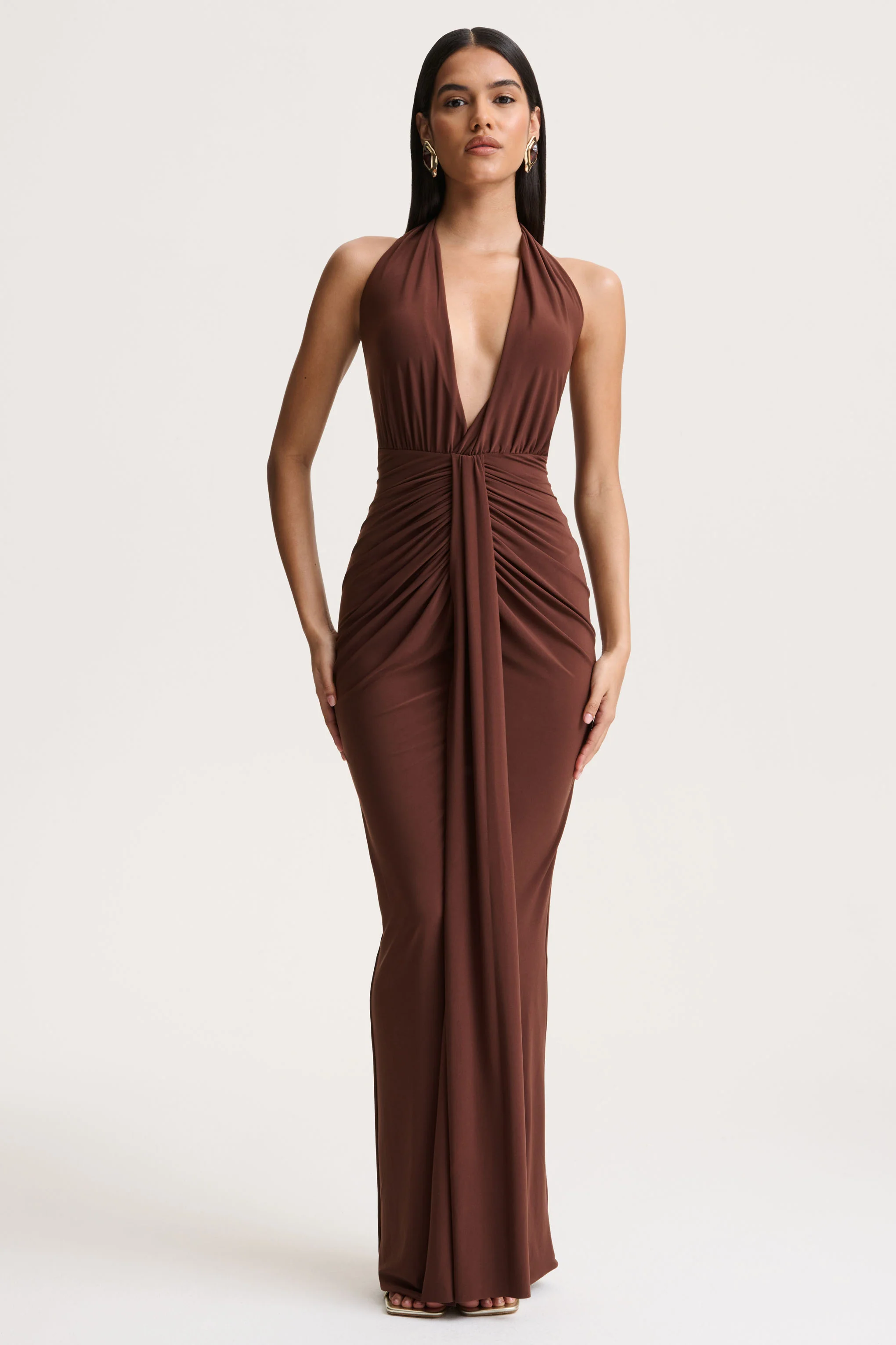 Lesley | Brown Plunge-Neck Maxi Dress