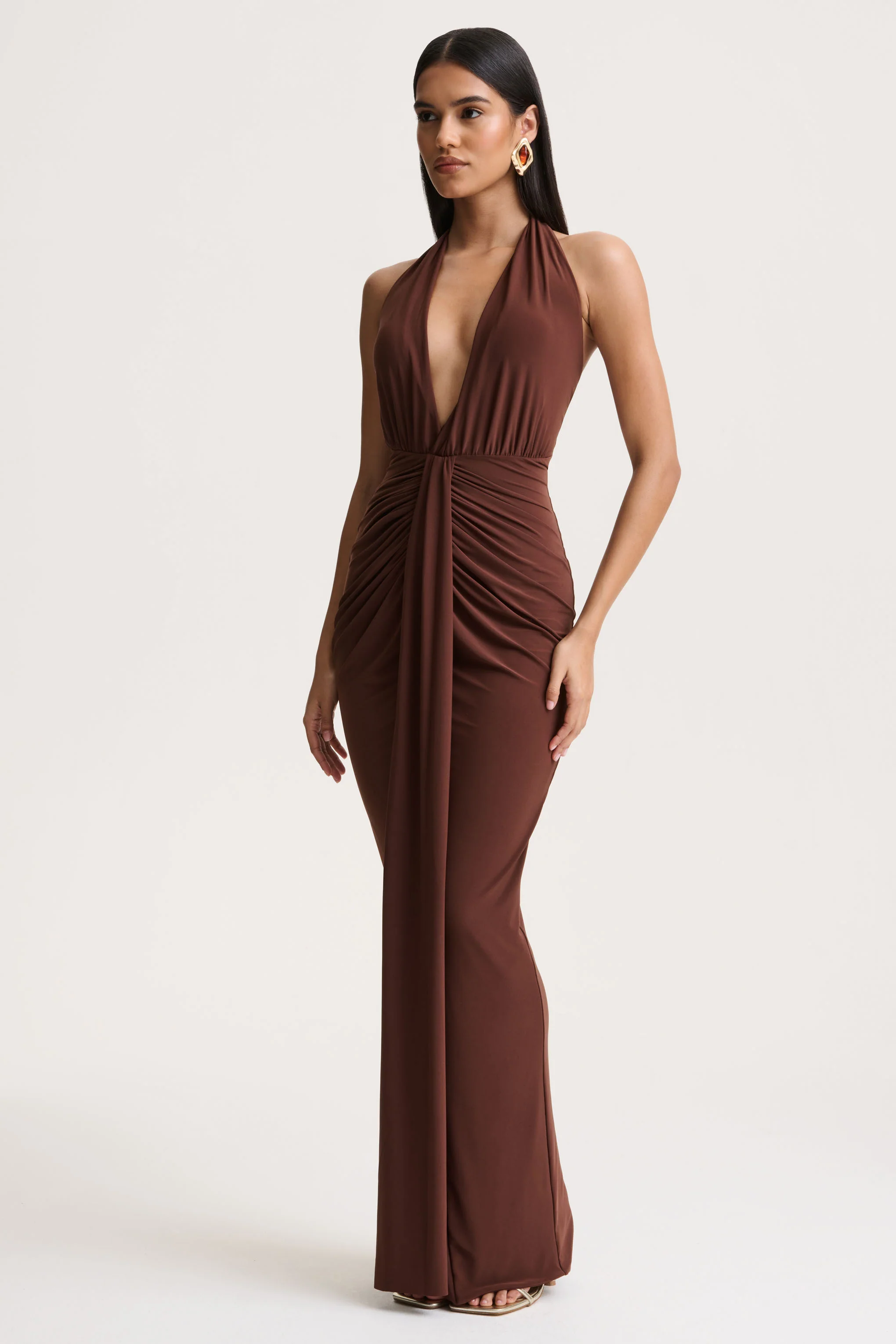 Lesley | Brown Plunge-Neck Maxi Dress