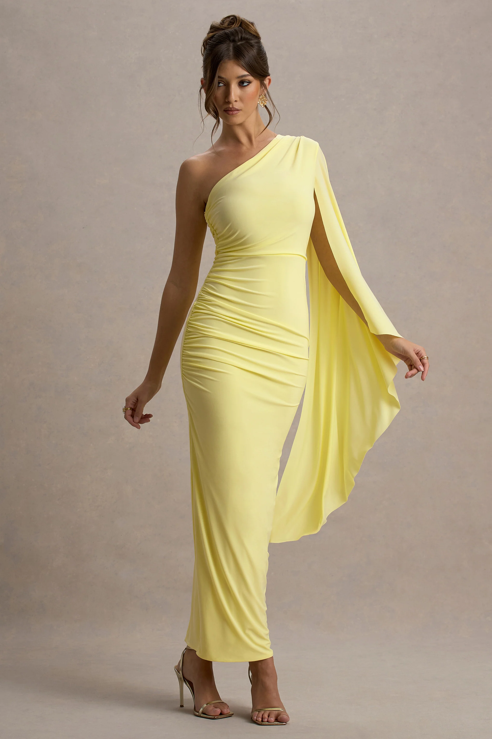 Clementina | Lemon Asymmetric Cape Sleeve Maxi Dress