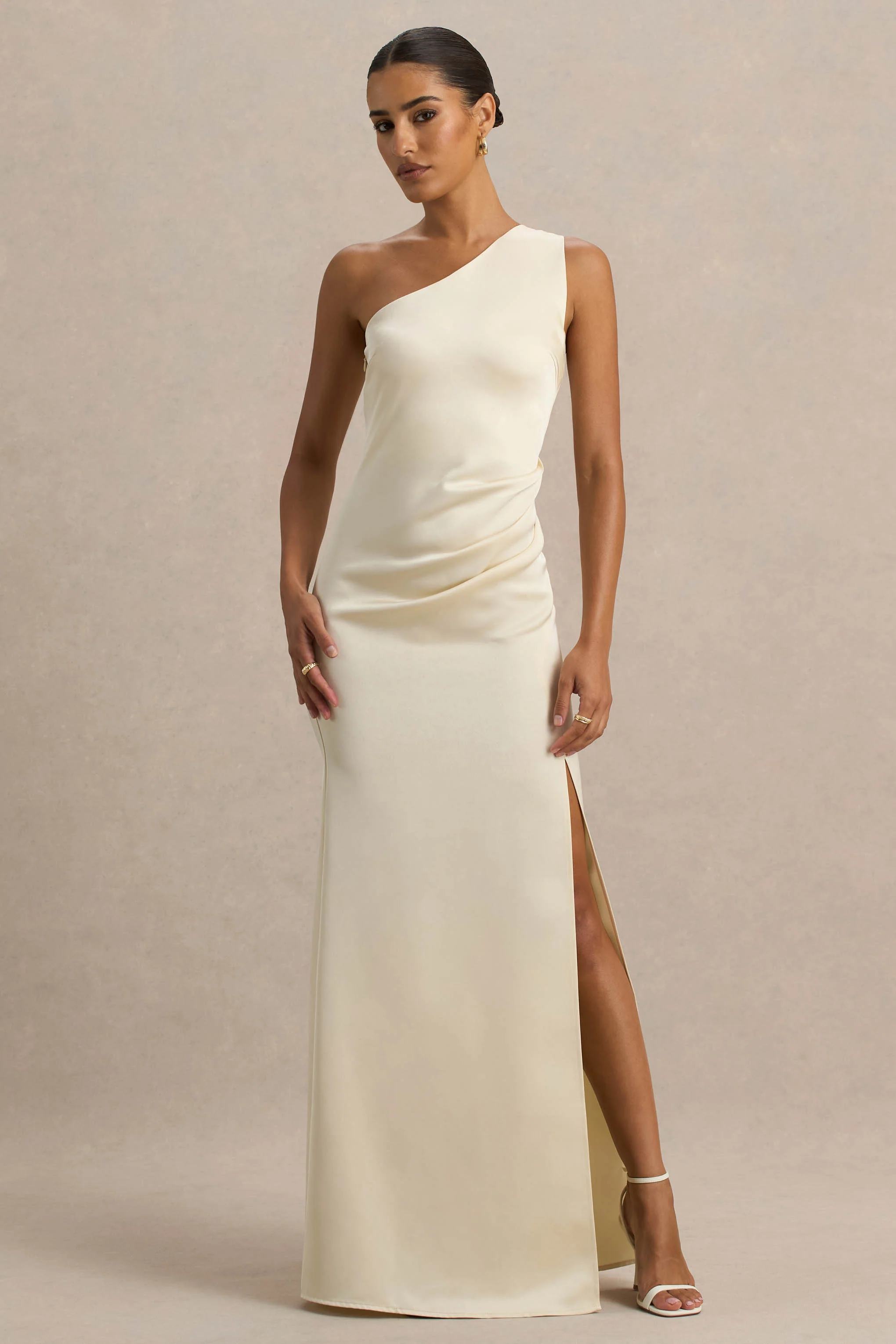 Beth | Pale Lemon Asymmetric Neckline High-Split Maxi Dress
