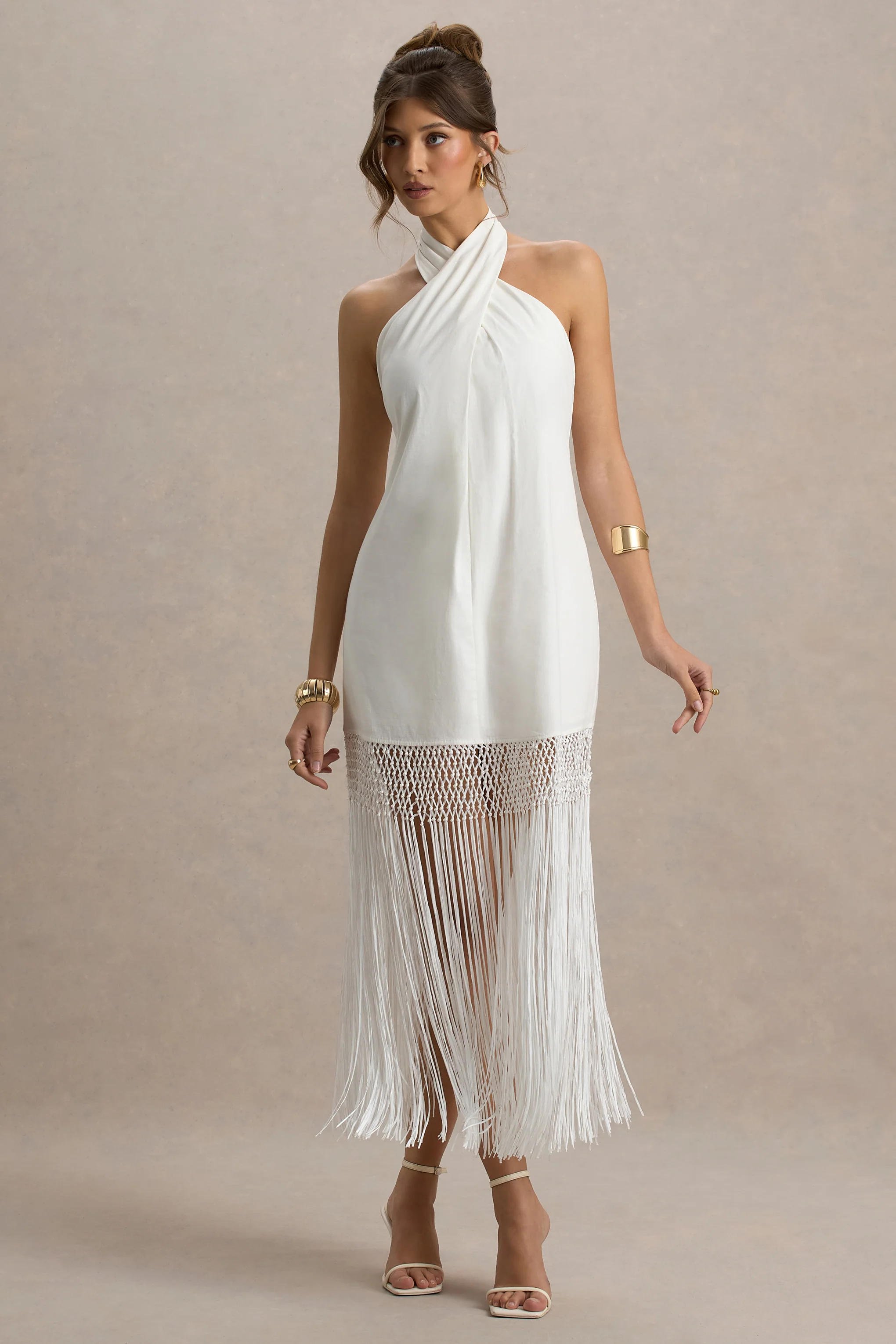 Fiametta | Ecru Linen Halter-Neck Fringe Maxi Dress