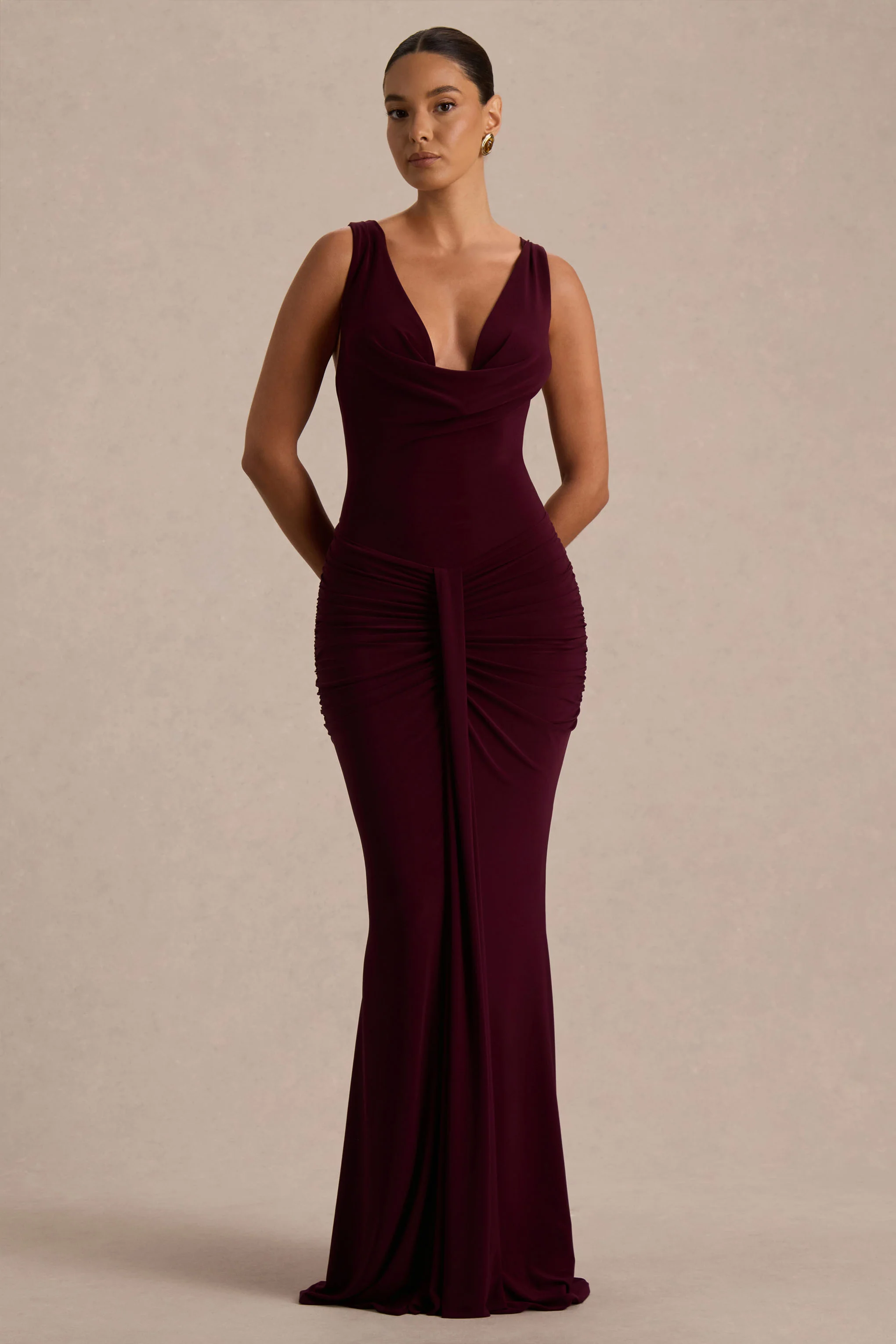 Mallie | Burgundy Cowl-Neck Maxi Dress With Open-Back And Gathered-Detailing