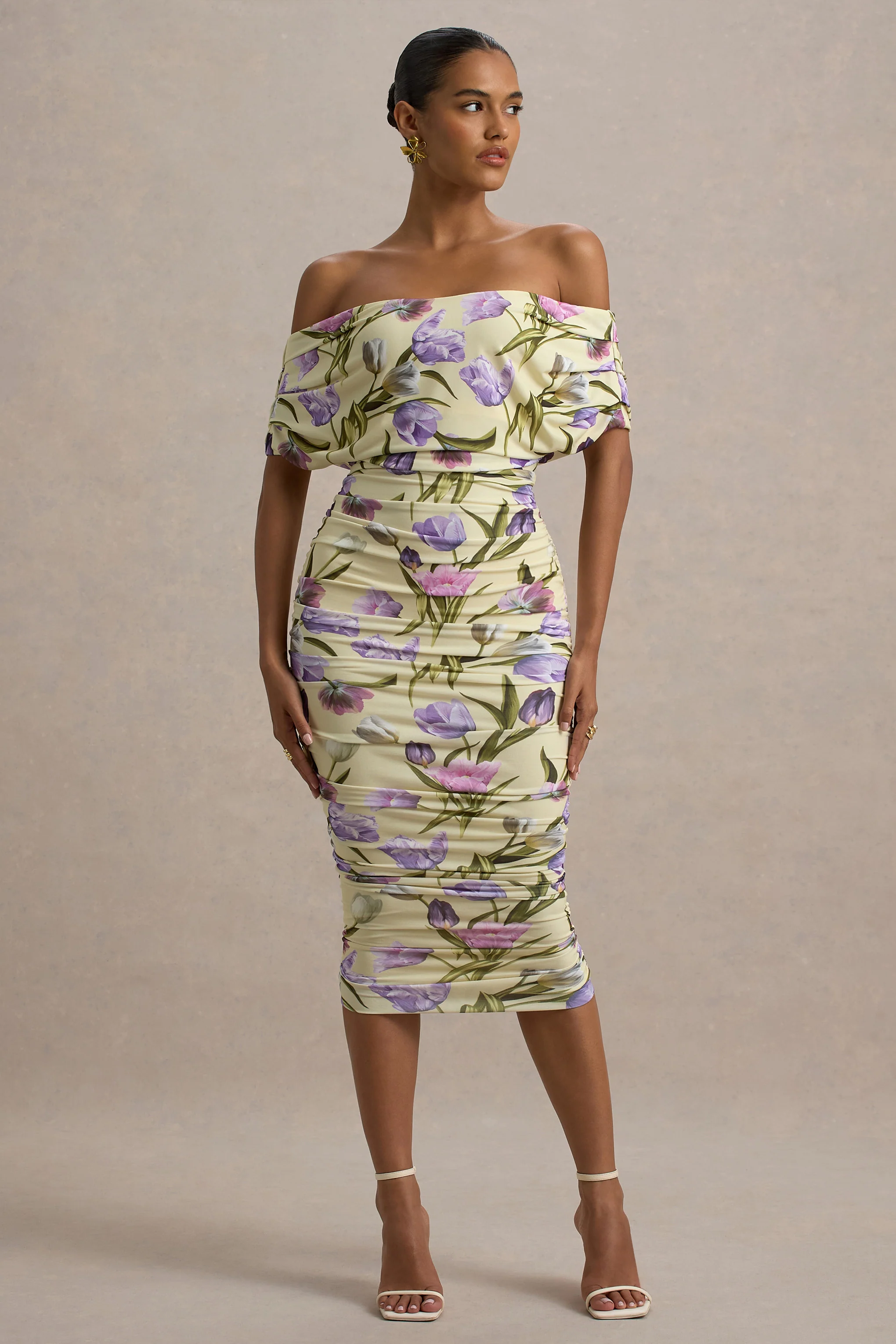 Rayleigh | Tulip Floral Print  Bardot Ruched Midi Dress