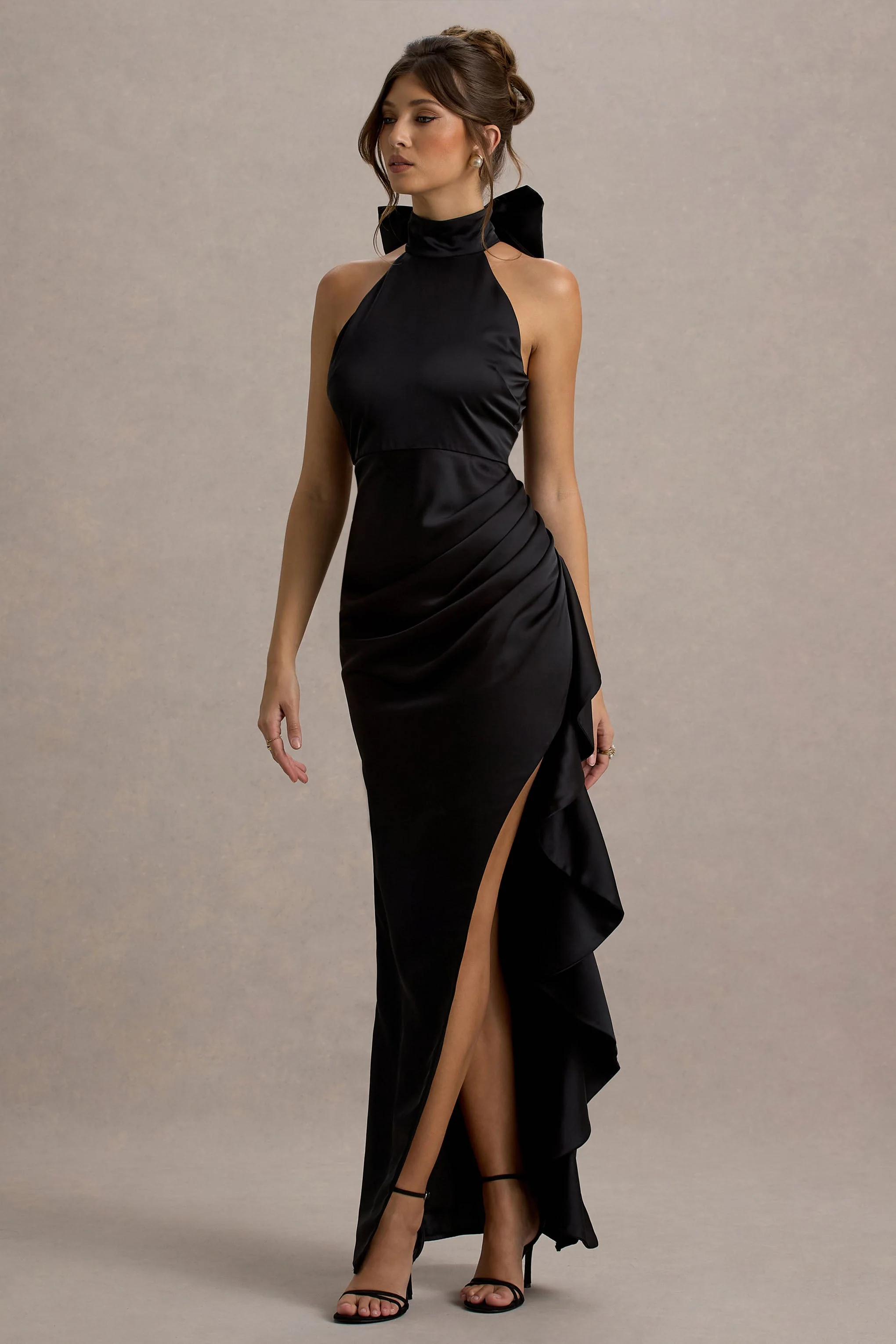 Maureen | Black Satin High-Neck Draped Maxi Dress