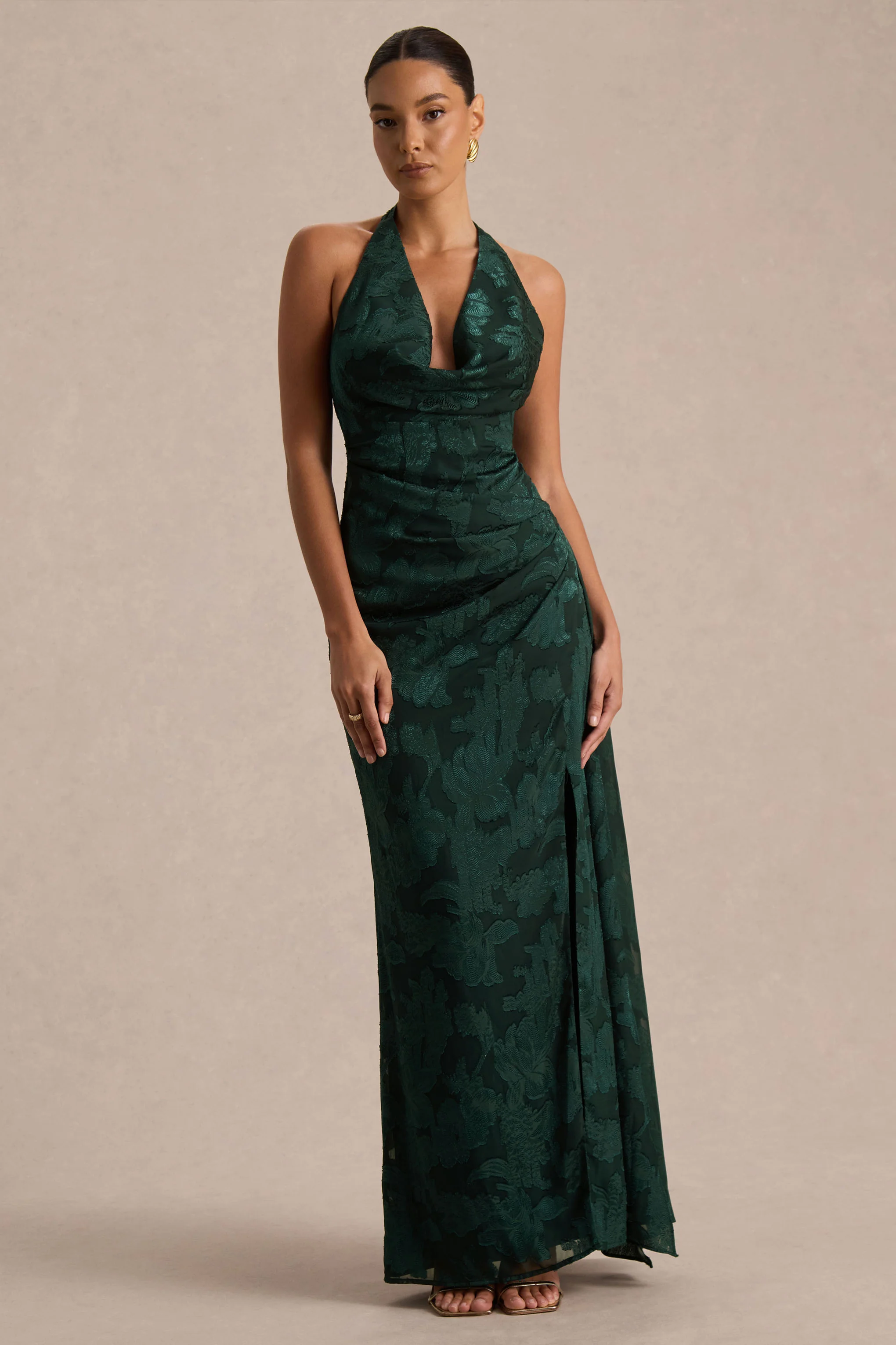 Talula | Dark Green Extreme Cowl-Neck Maxi Dress With Sash And Front-High Split