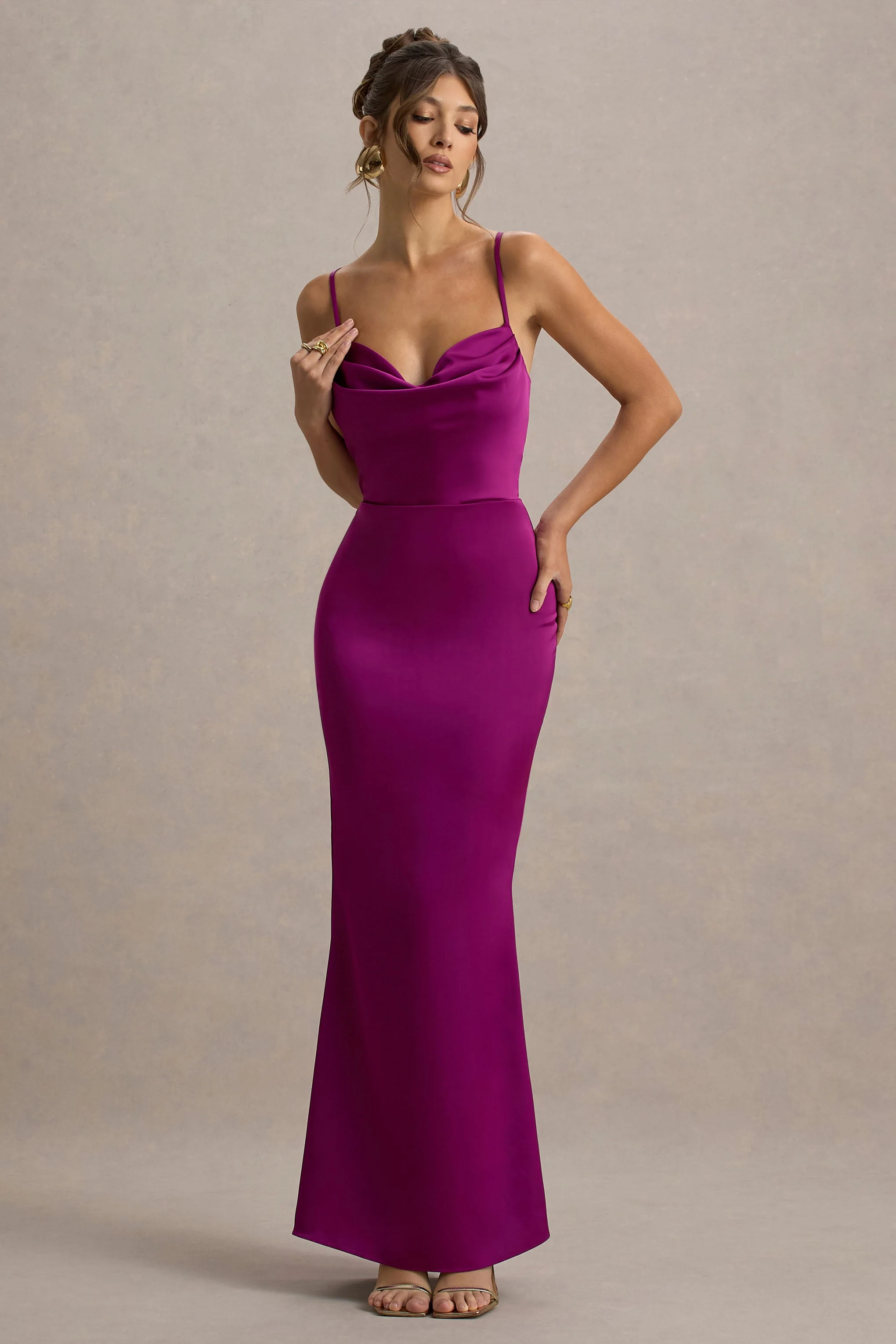 Gia | Dark Pink Satin Cowl-Neck Maxi Dress