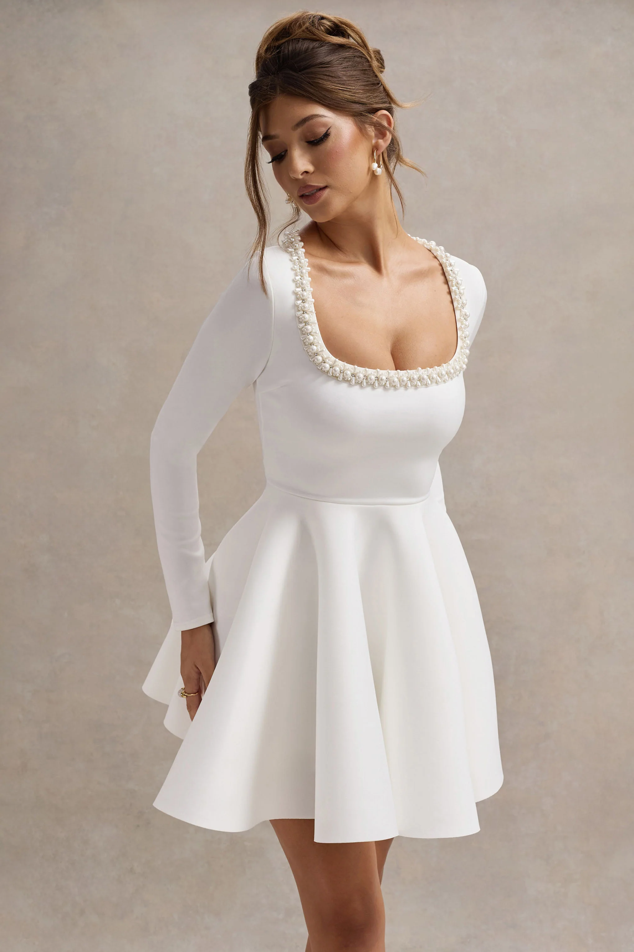 Wilder | White Embellished Square-Neck Long-Sleeve Skater Mini Dress