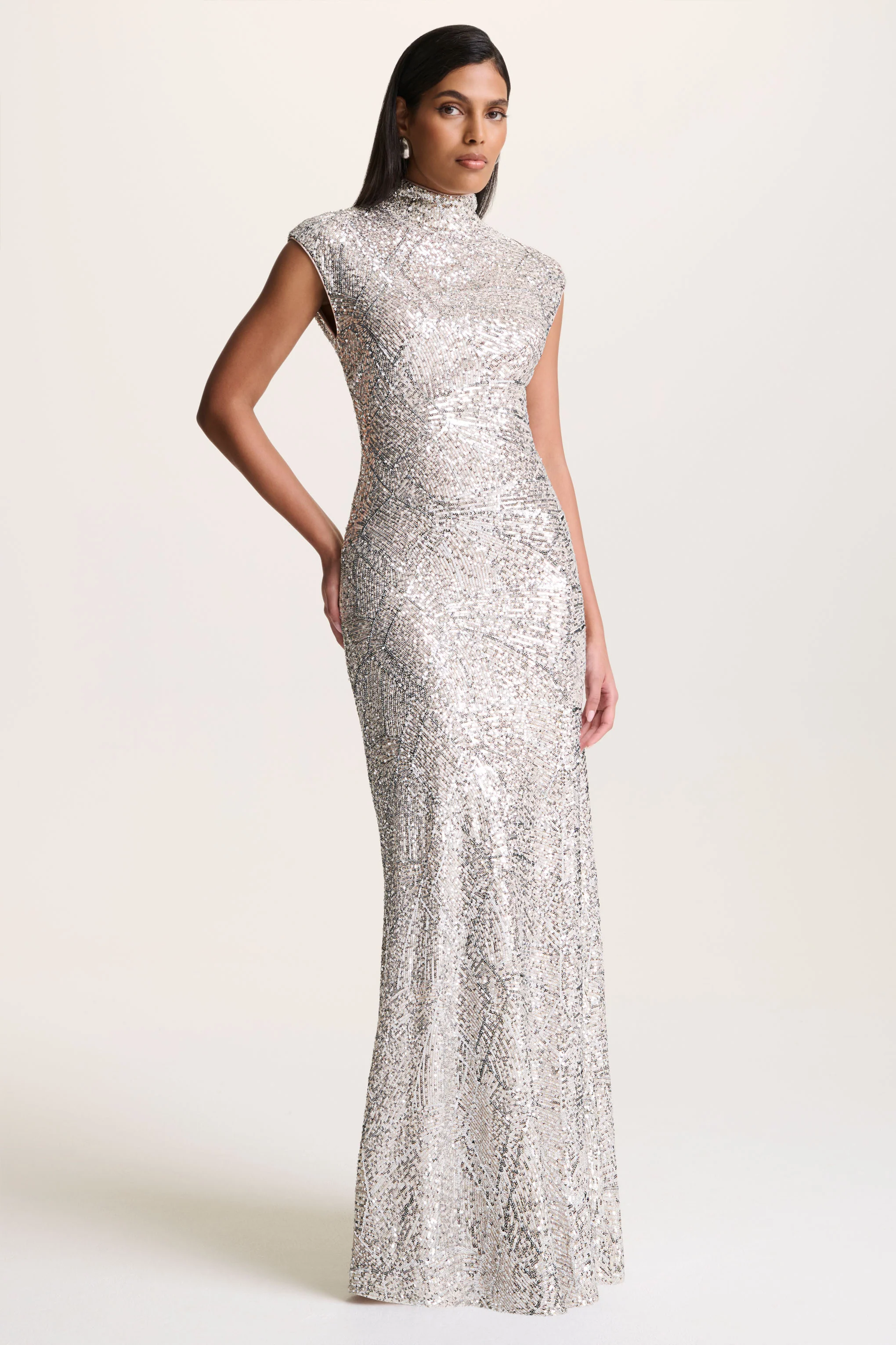Cecy | Silver Sequin High-Neck Maxi Dress With Cap Sleeves