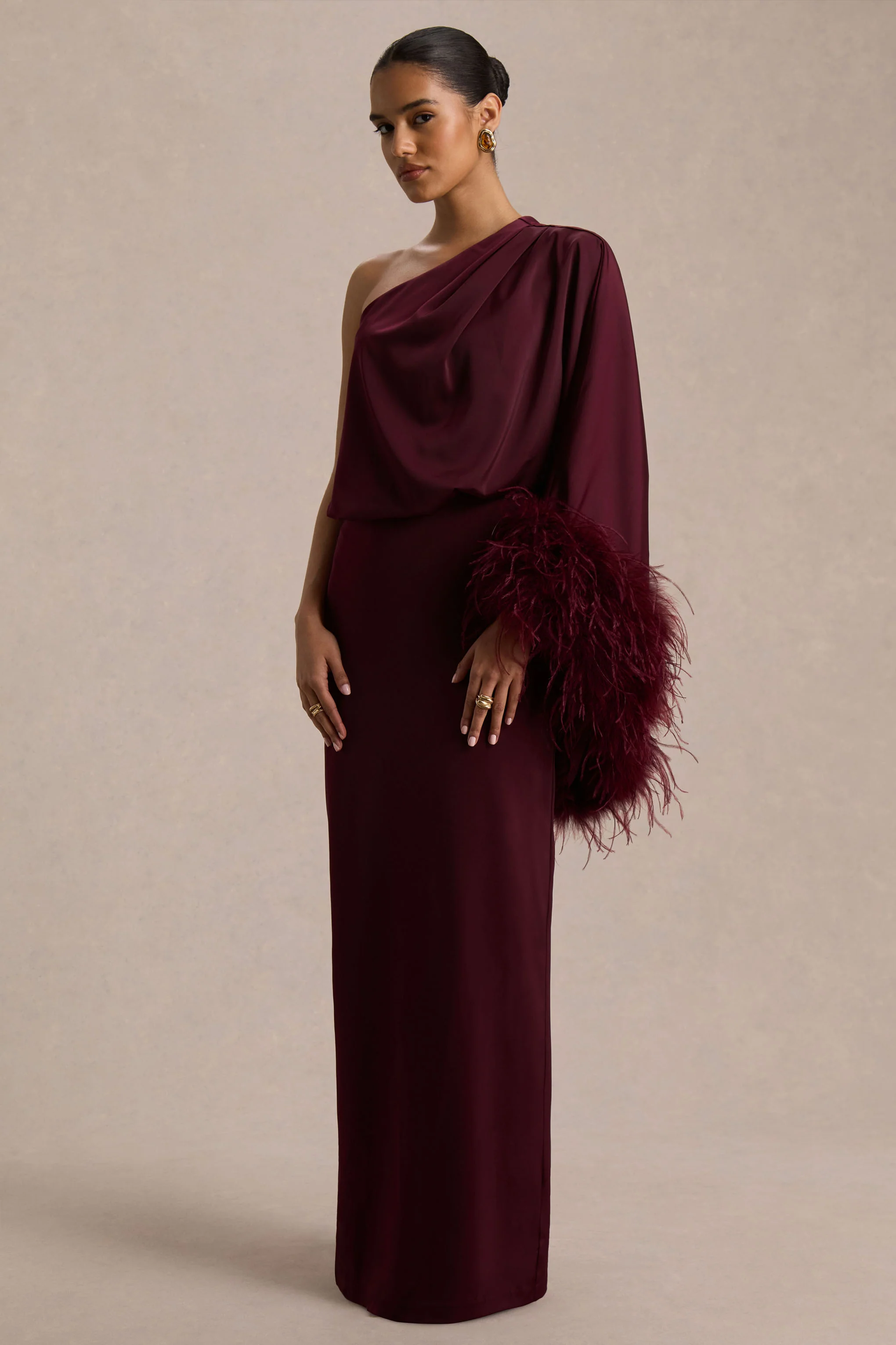 Felicity | Burgundy Satin Asymmetric-Neck Maxi Dress With Feather Detailing