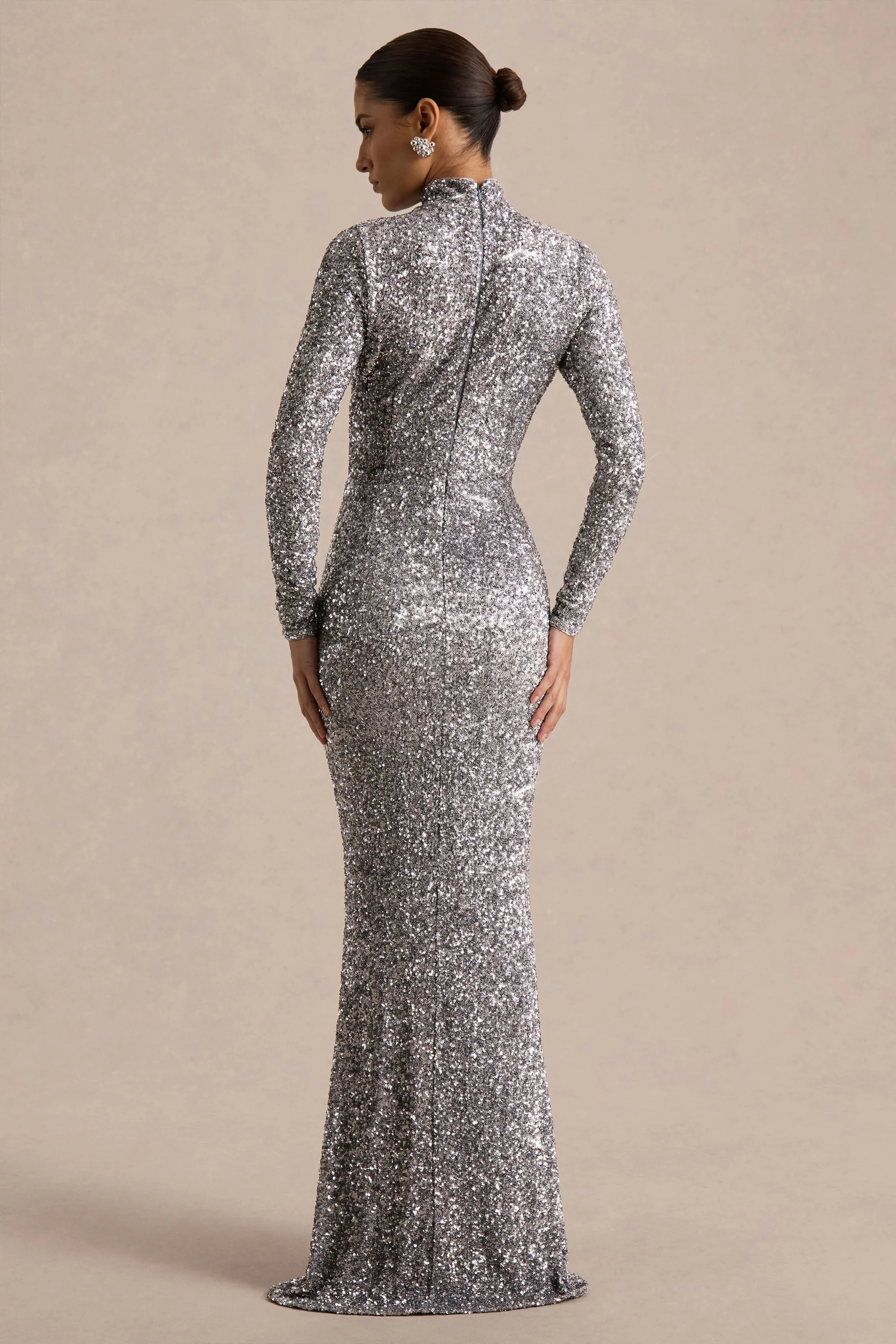 Galaxy | Silver Sequin Turtle-Neck Long-Sleeve Maxi Dress