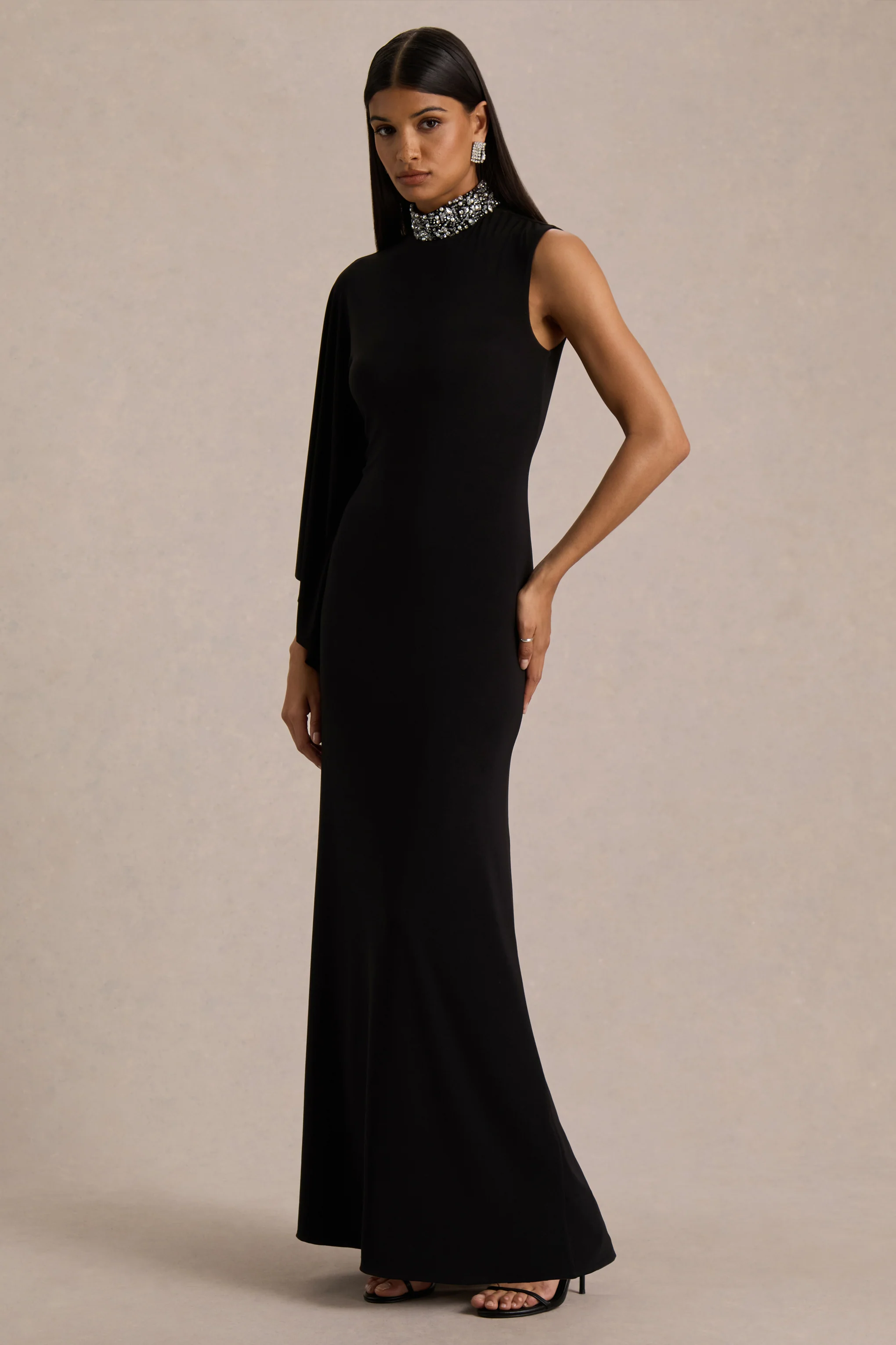 Oriana | Black Embellished High-Neck Maxi Dress With One-Cape Sleeve