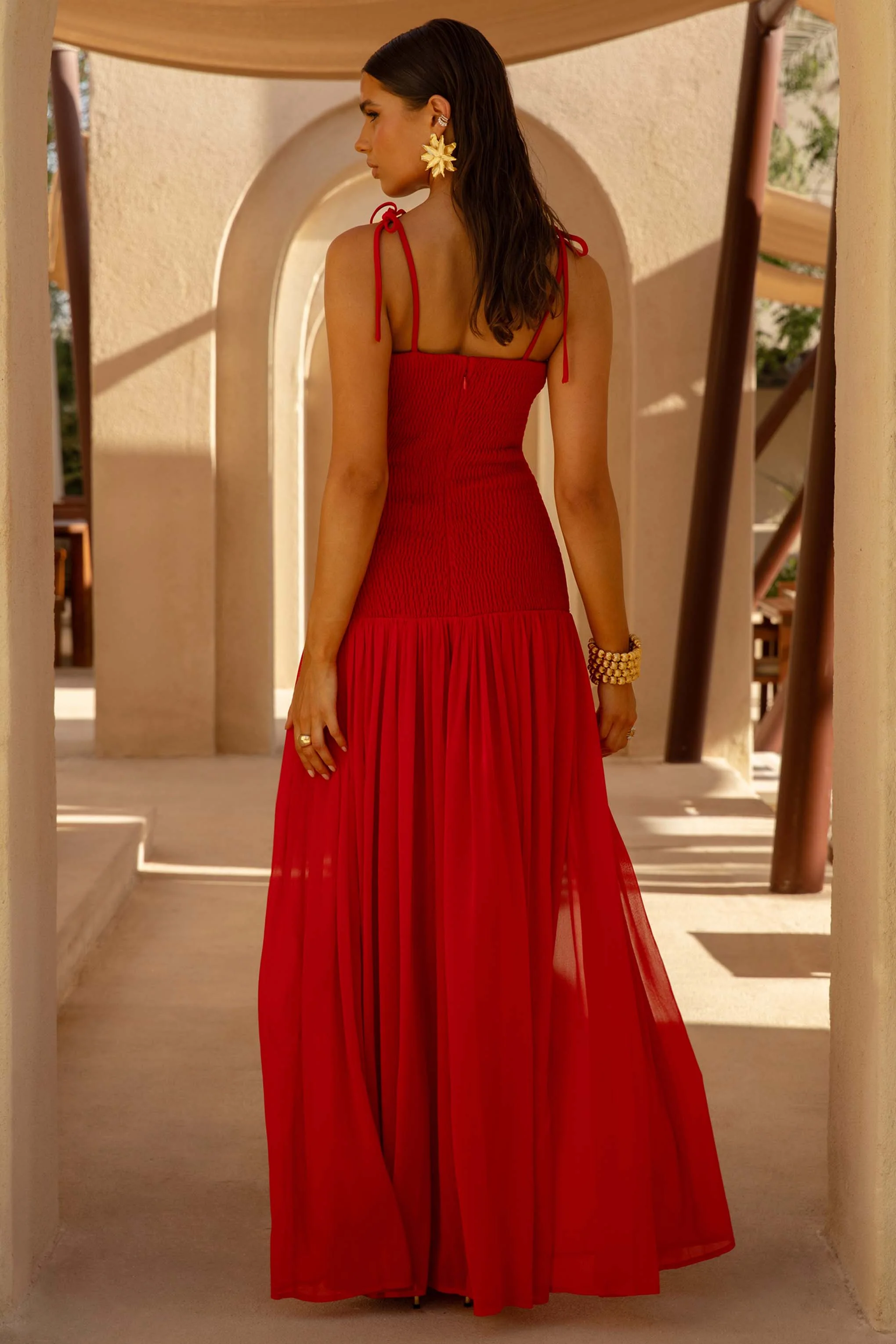 Maeva | Red Square-Neck Fishtail Maxi Dress With Ruched Detailing