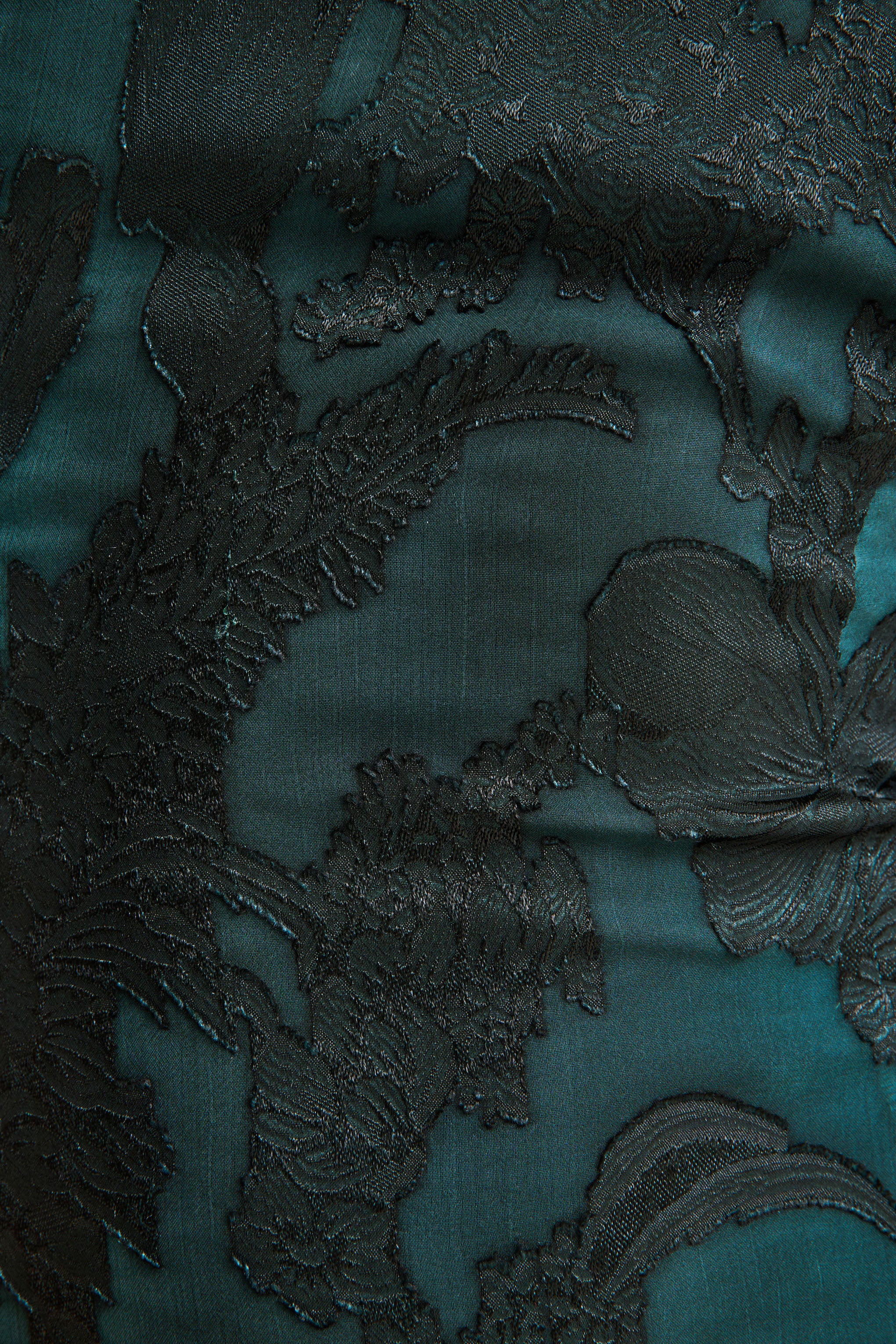 Hada | Dark Green Satin Devore Square-Neck Maxi Dress With Removable Twisted-Cape