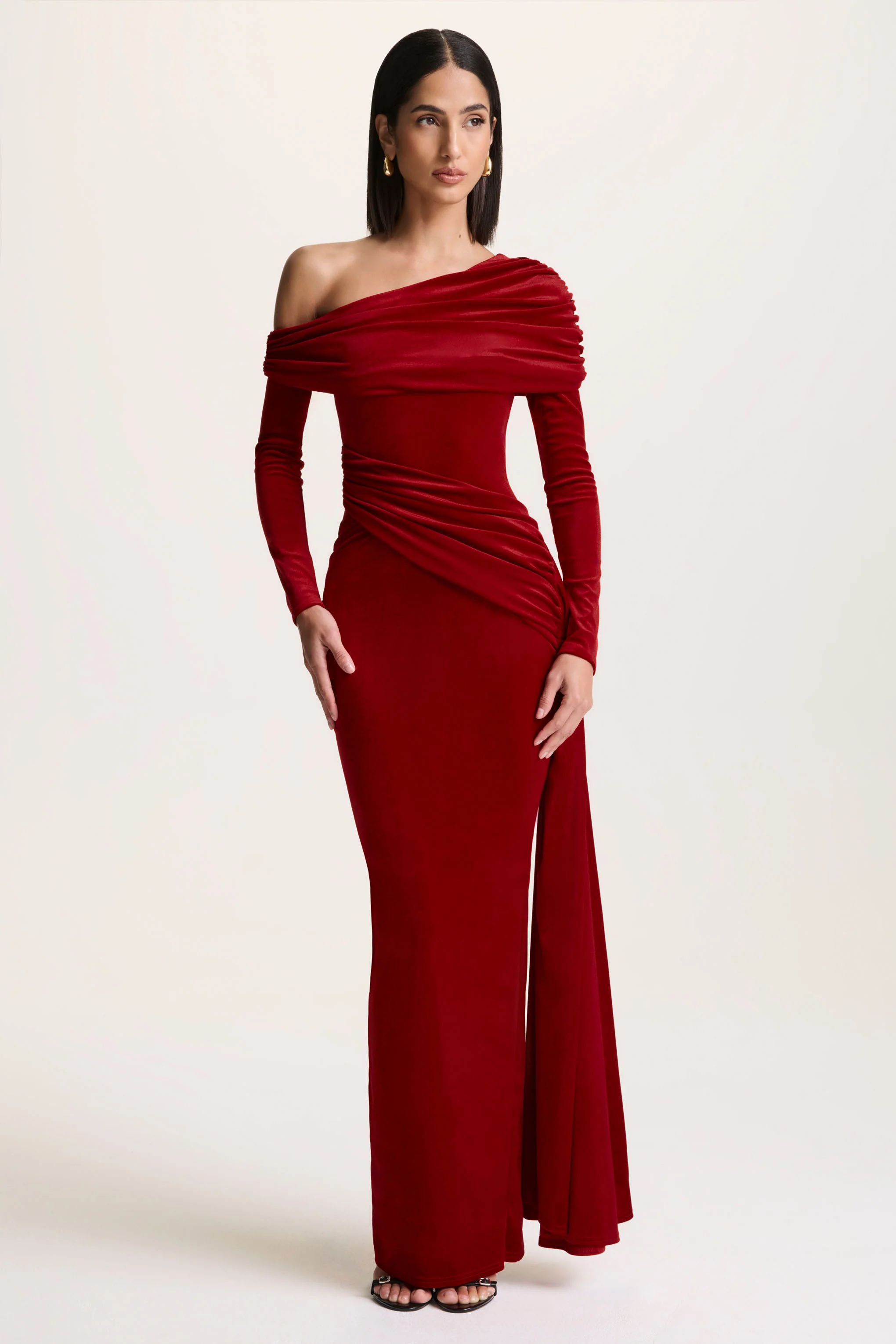 Hadria | Red Velvet Asymmetric-Neck Maxi Dress With Sash-Detail