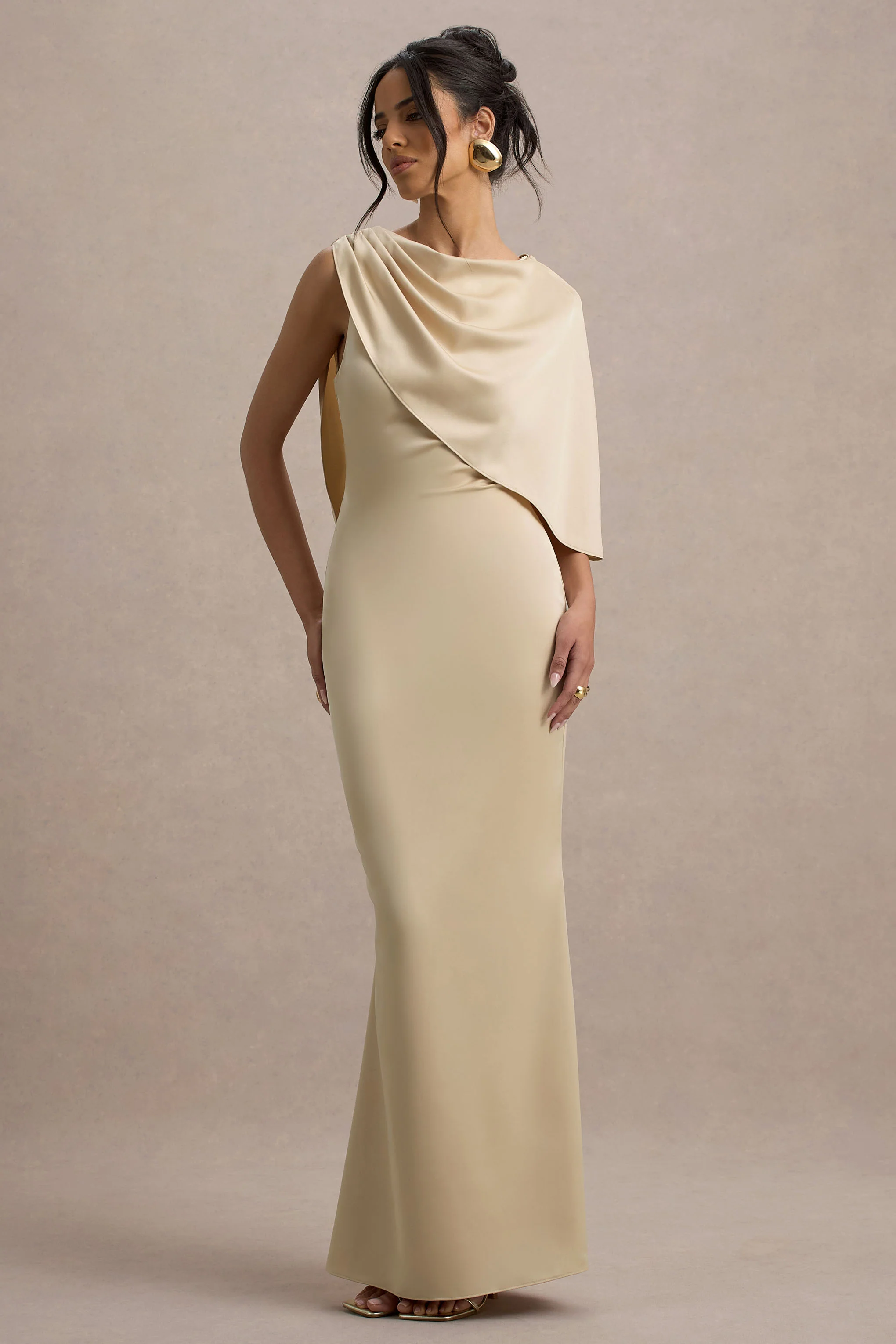 Ambra | Champagne Satin One-Shoulder Cape Maxi Dress