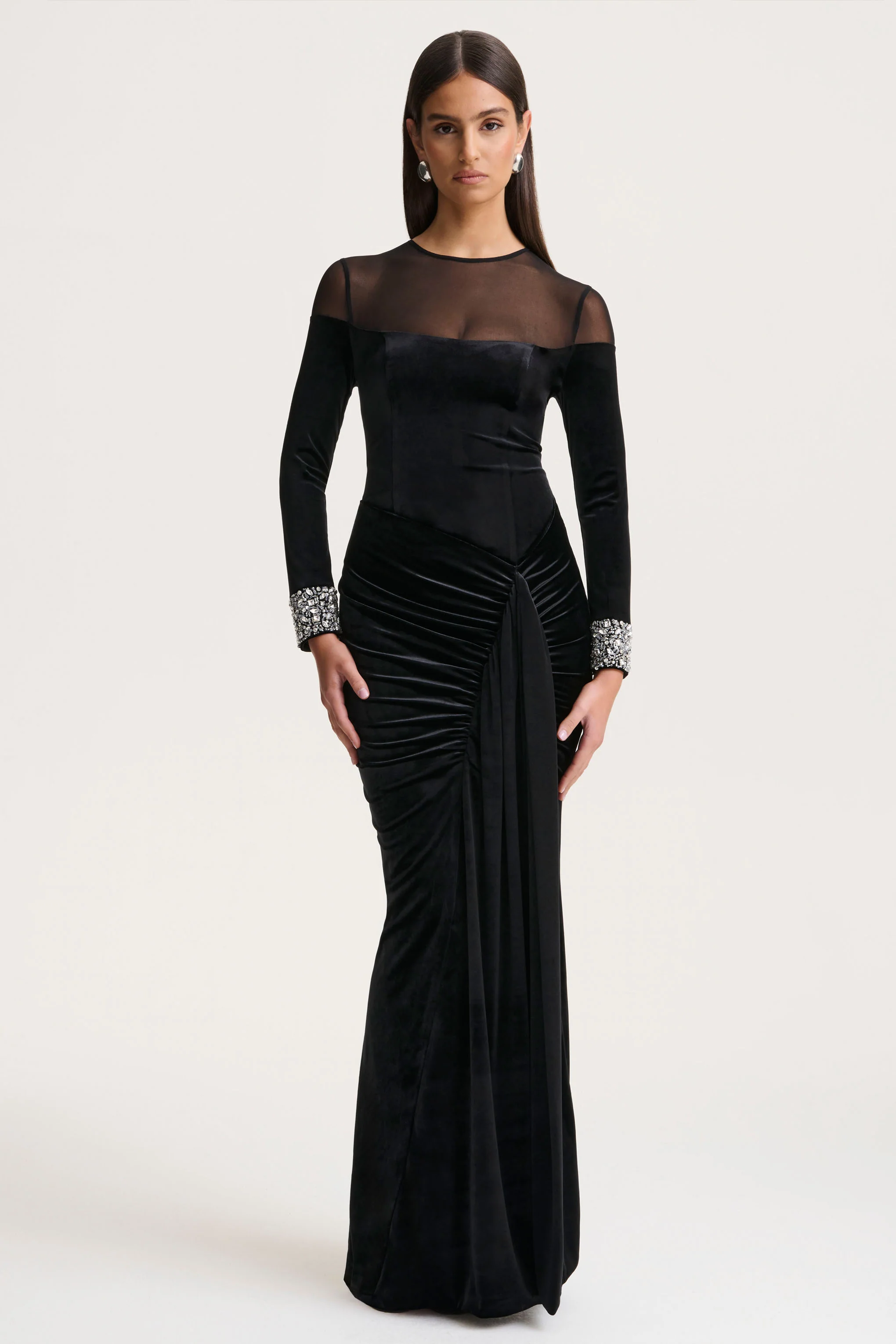 Perrin | Black Velvet Crew-Neck Maxi Dress With Embellished Cuffs