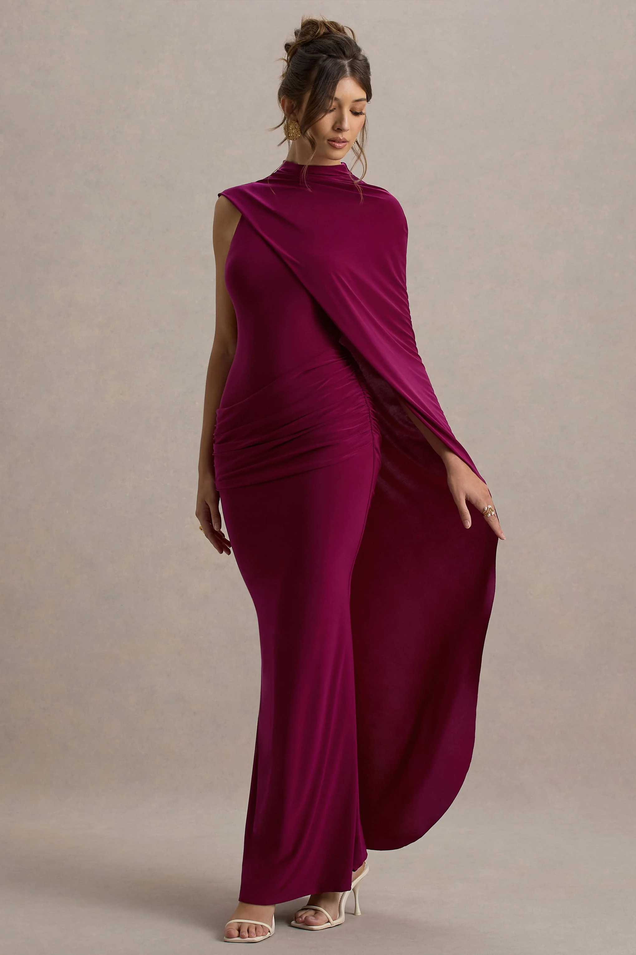 Maeve | Burgundy Cape-Sleeve Draped Maxi Dress