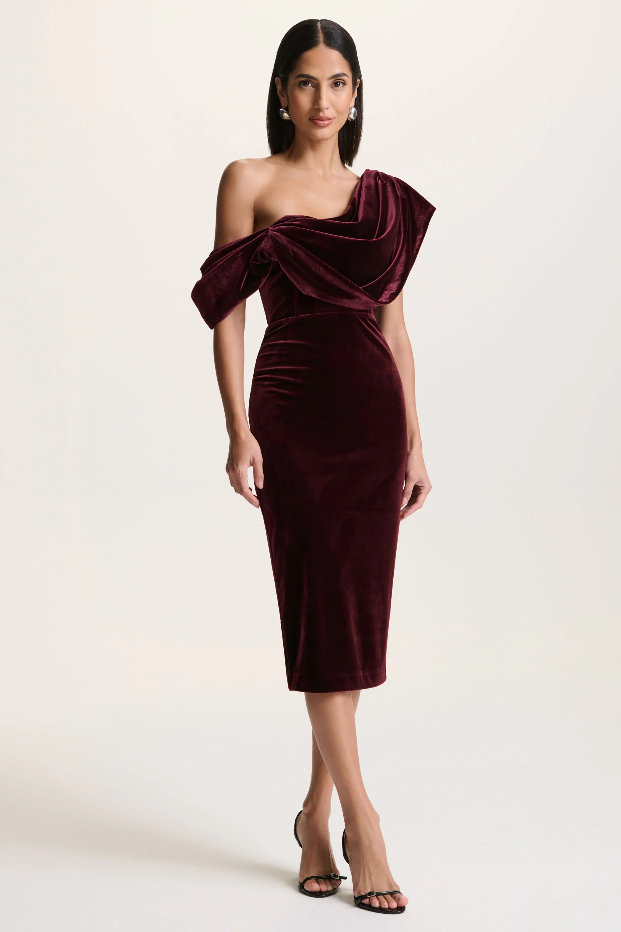 High End | Burgundy Velvet Asymmetric-Neck Midi Dress With Draped Detailing