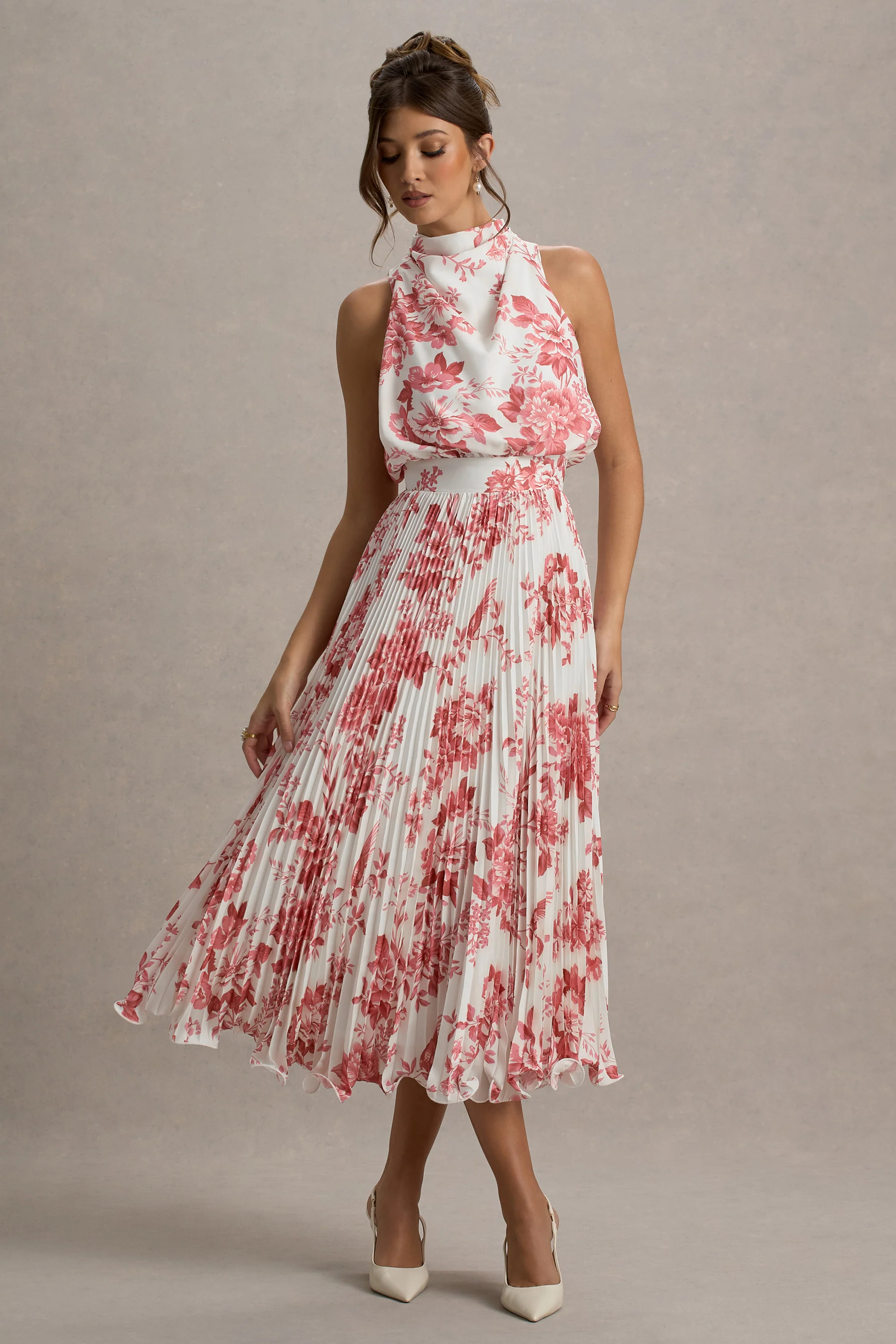 Nila | Pink Porcelain Print Cowl-Neck Midi Dress With Plisse Skirt