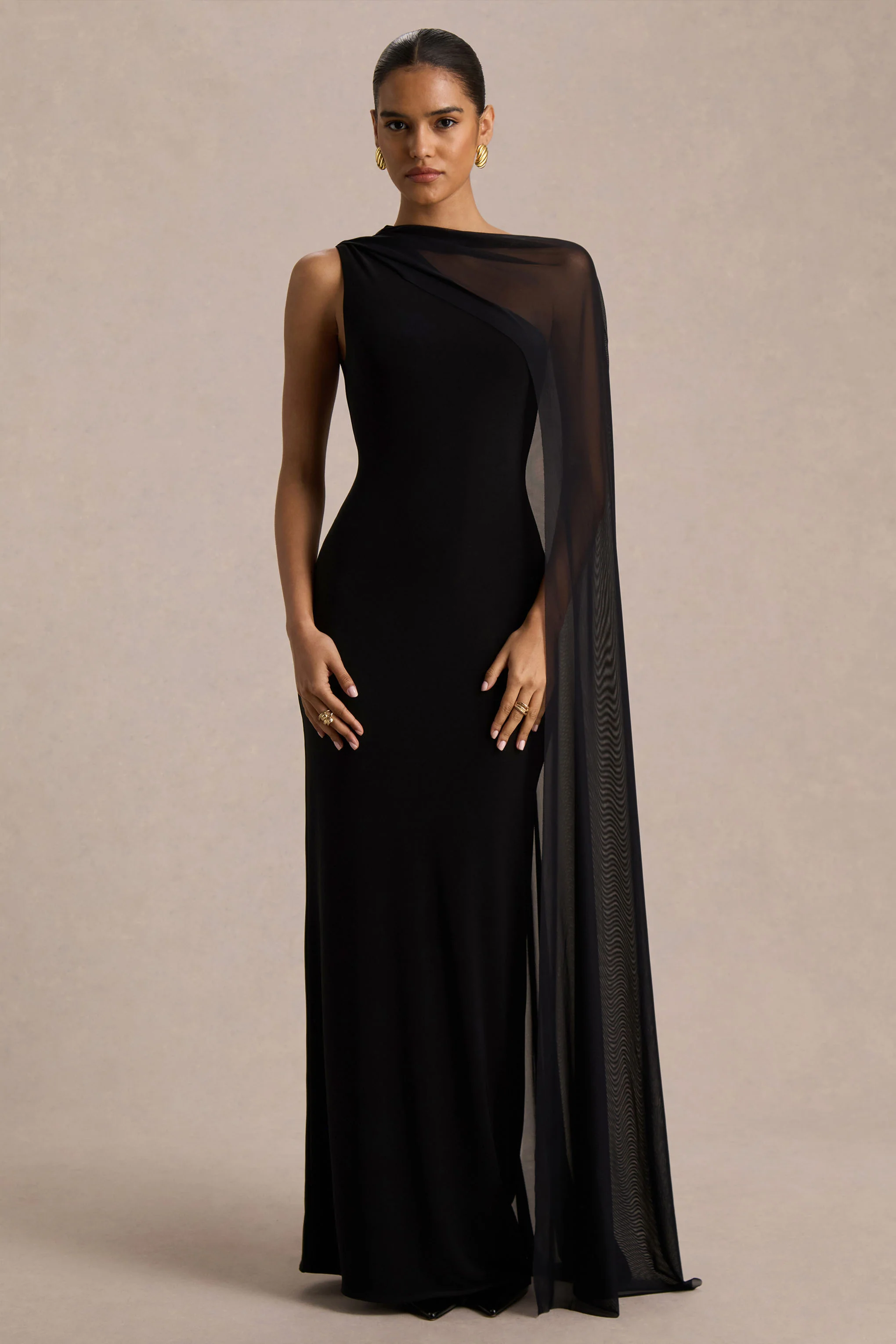 Mirelle | Black Asymmetric-Neck Maxi Dress With Sheer Cape-Sleeve