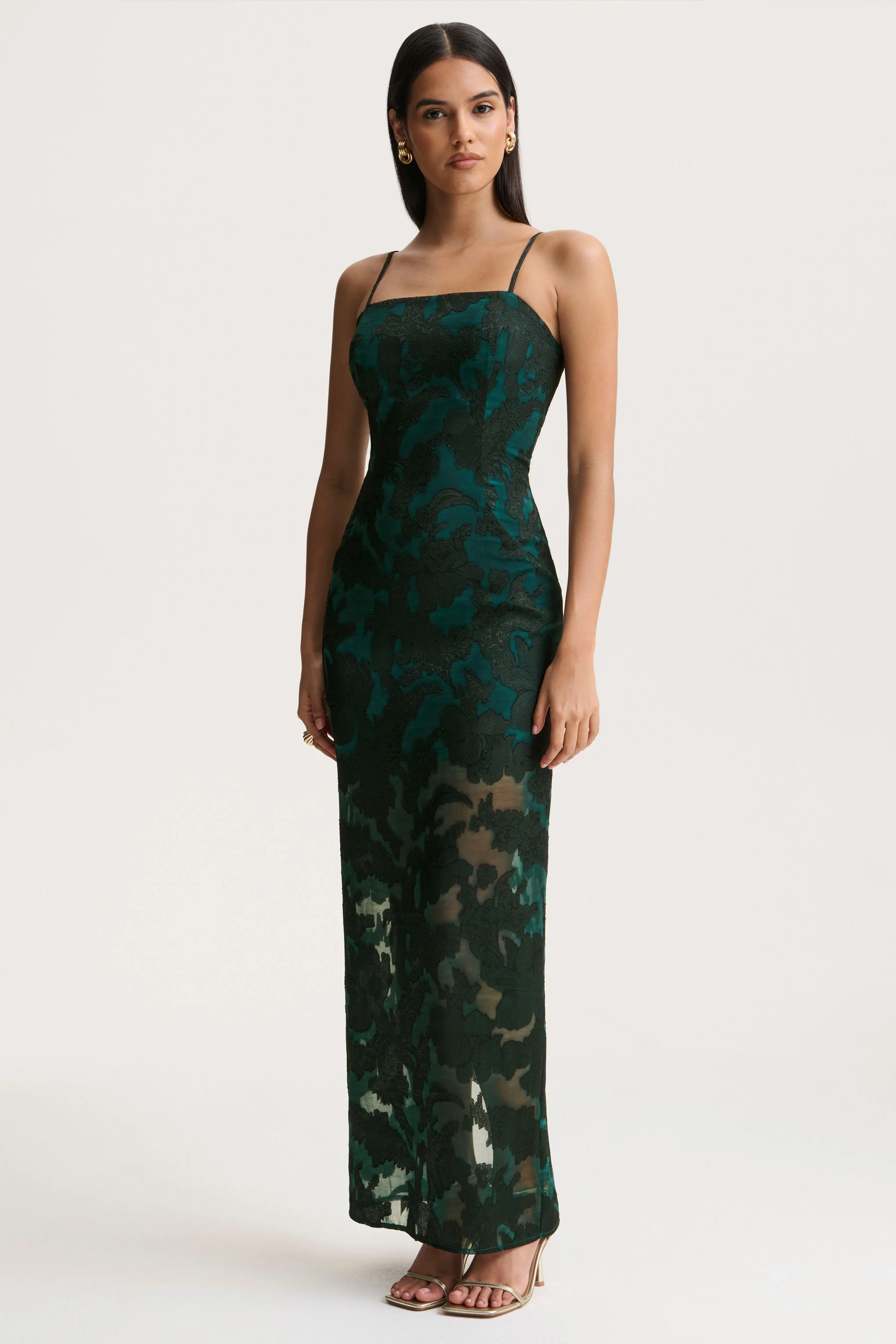 Hada | Dark Green Satin Devore Square-Neck Maxi Dress With Removable Twisted-Cape