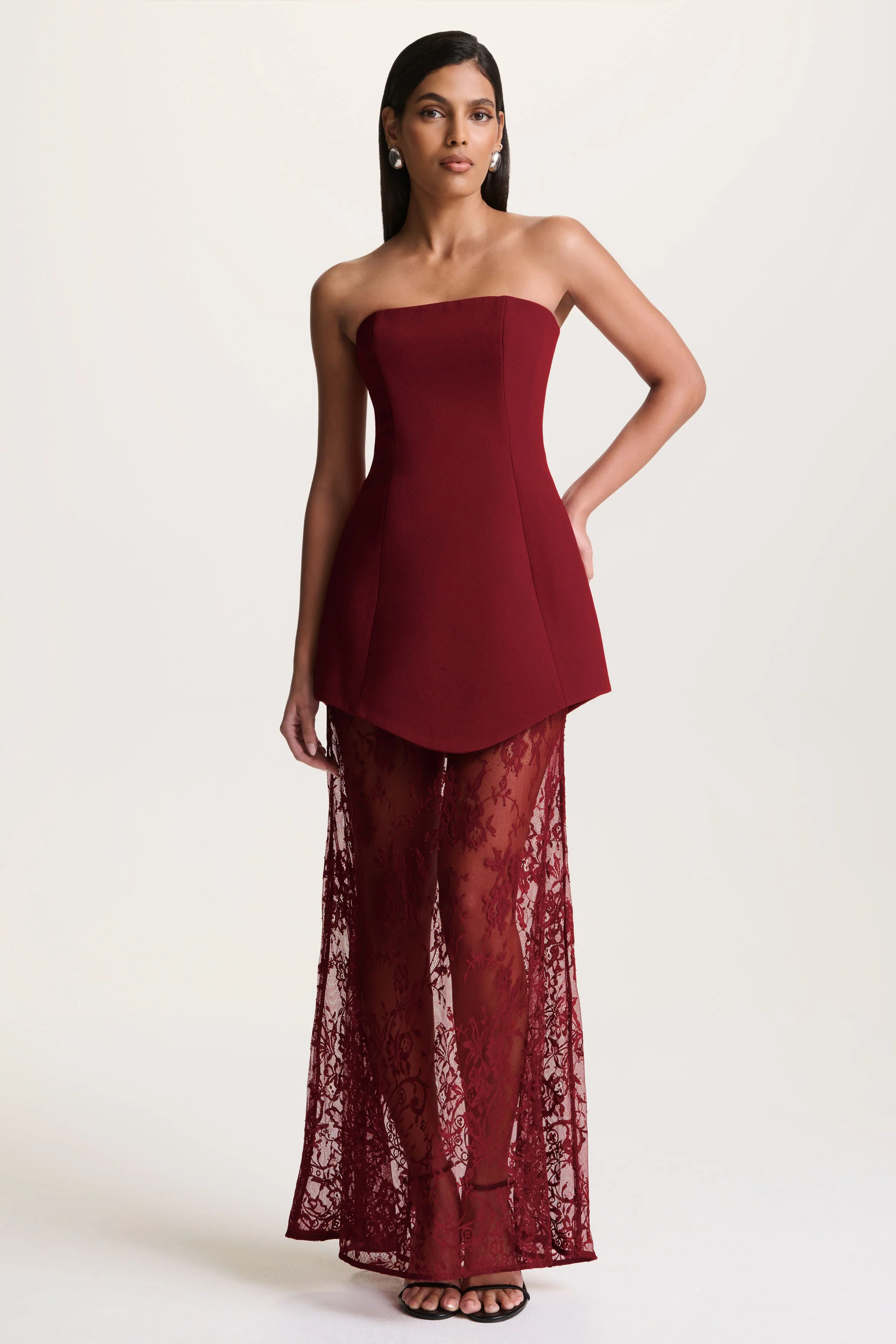 Brandi | Burgundy Bandeau Maxi Dress With Lace Skirt