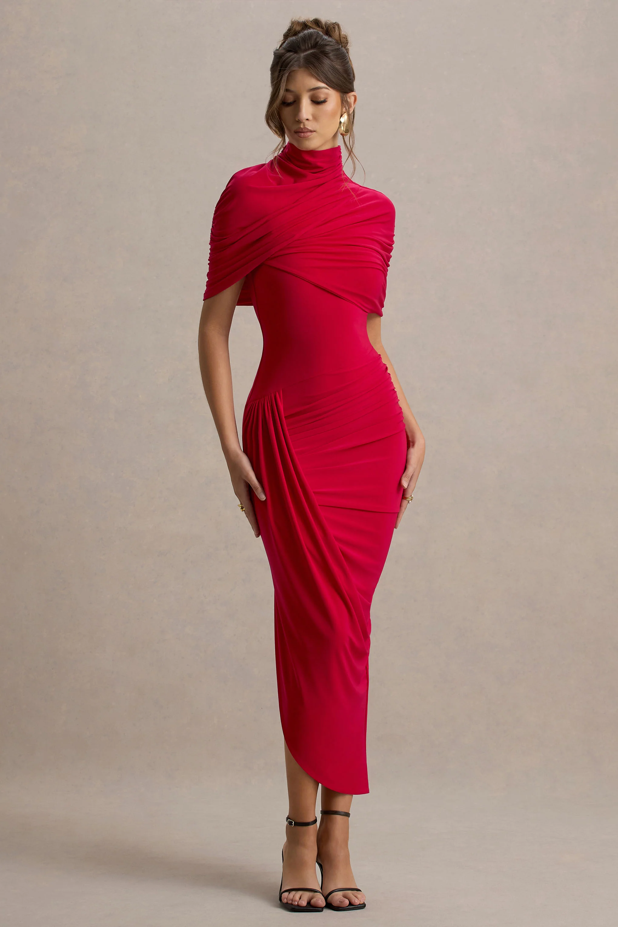 Enchant | Red Asymmetric Twisted Cape Midi Dress
