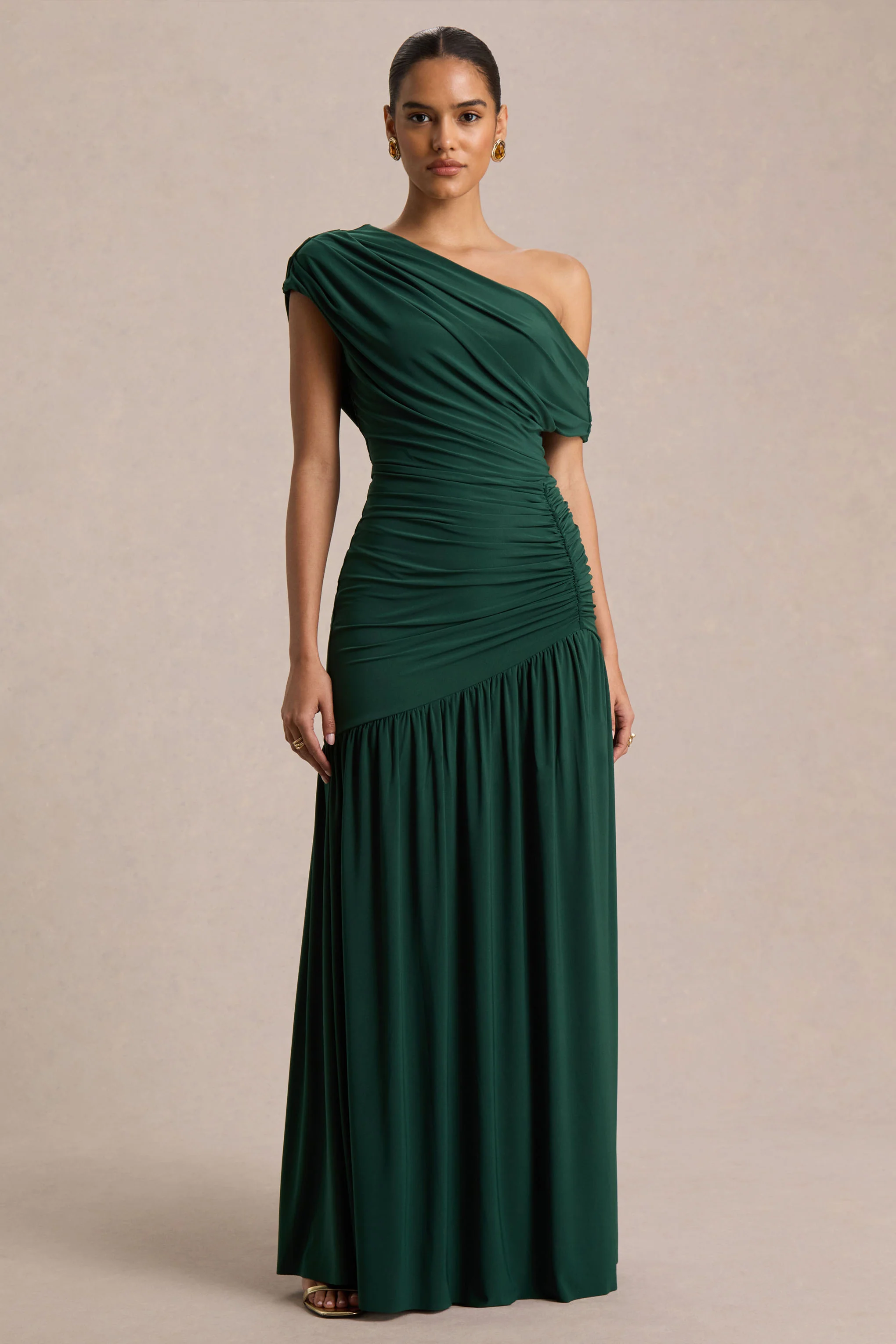 Kady | Dark Green Asymmetric-Neck Maxi Dress With Ruched Detailing