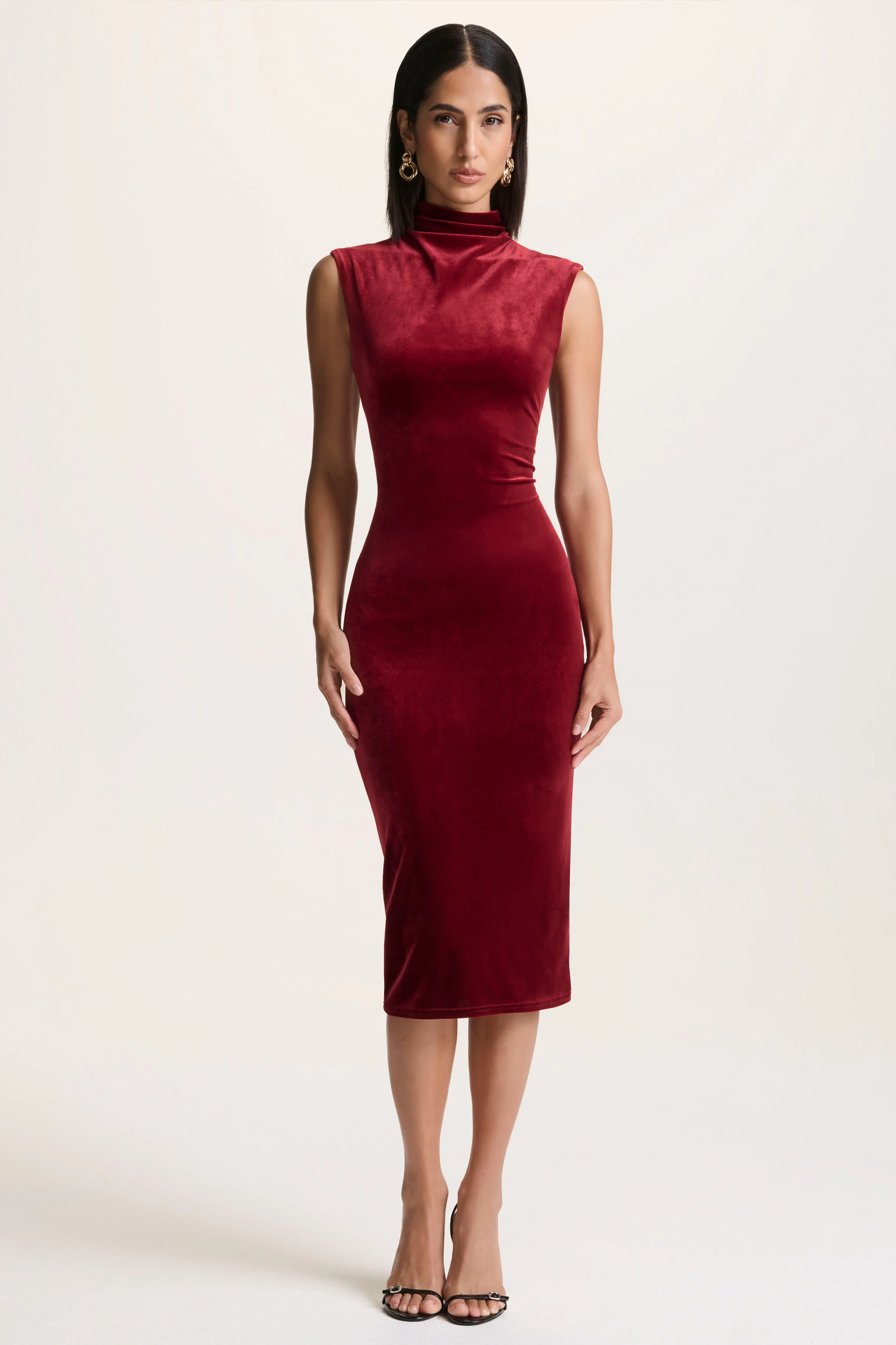 Nivina | Red Velvet High-Neck Midi Dress With Cap-Sleeves