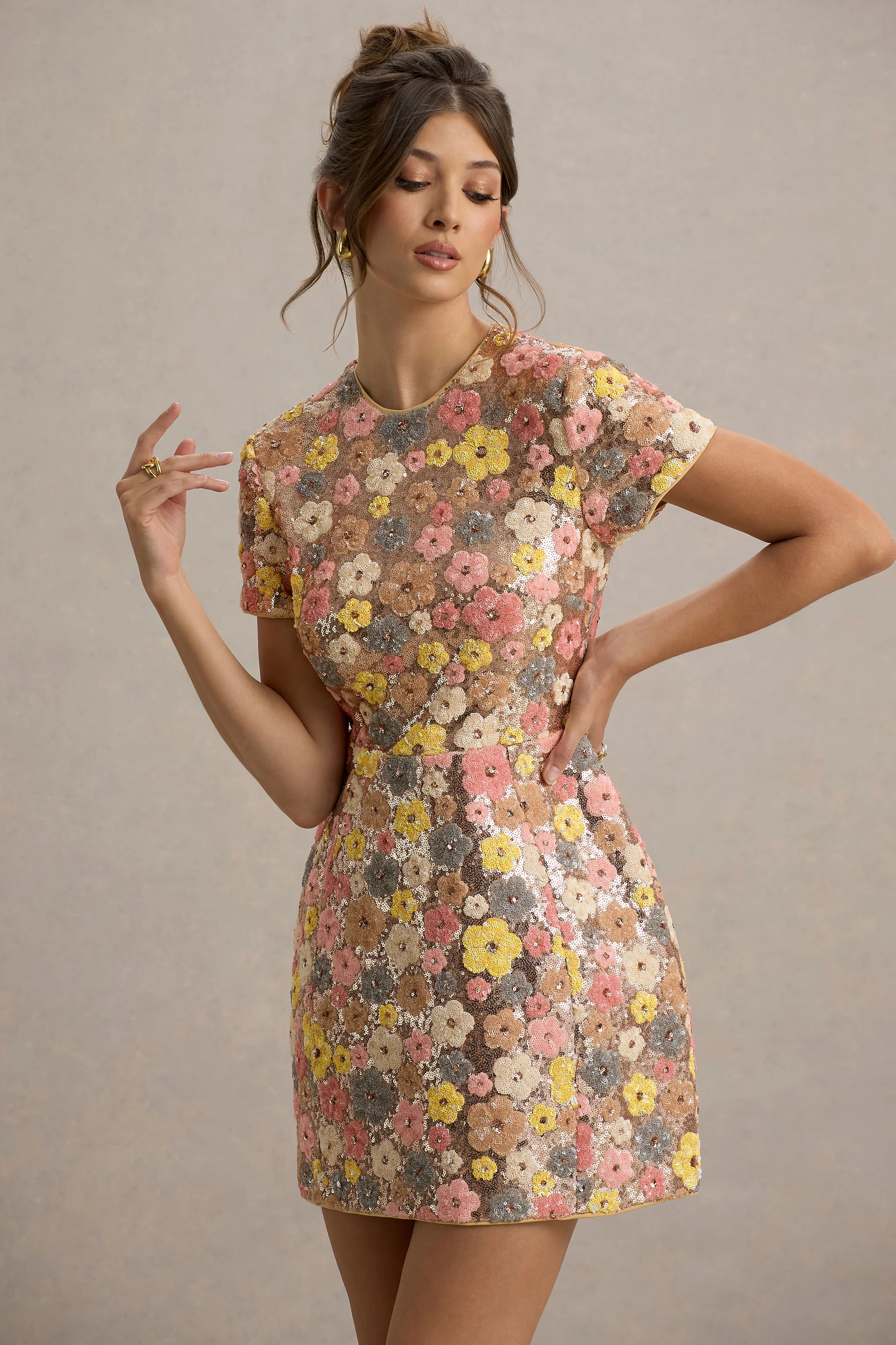 Eira | Pastel Floral Print Embellished Mini Dress