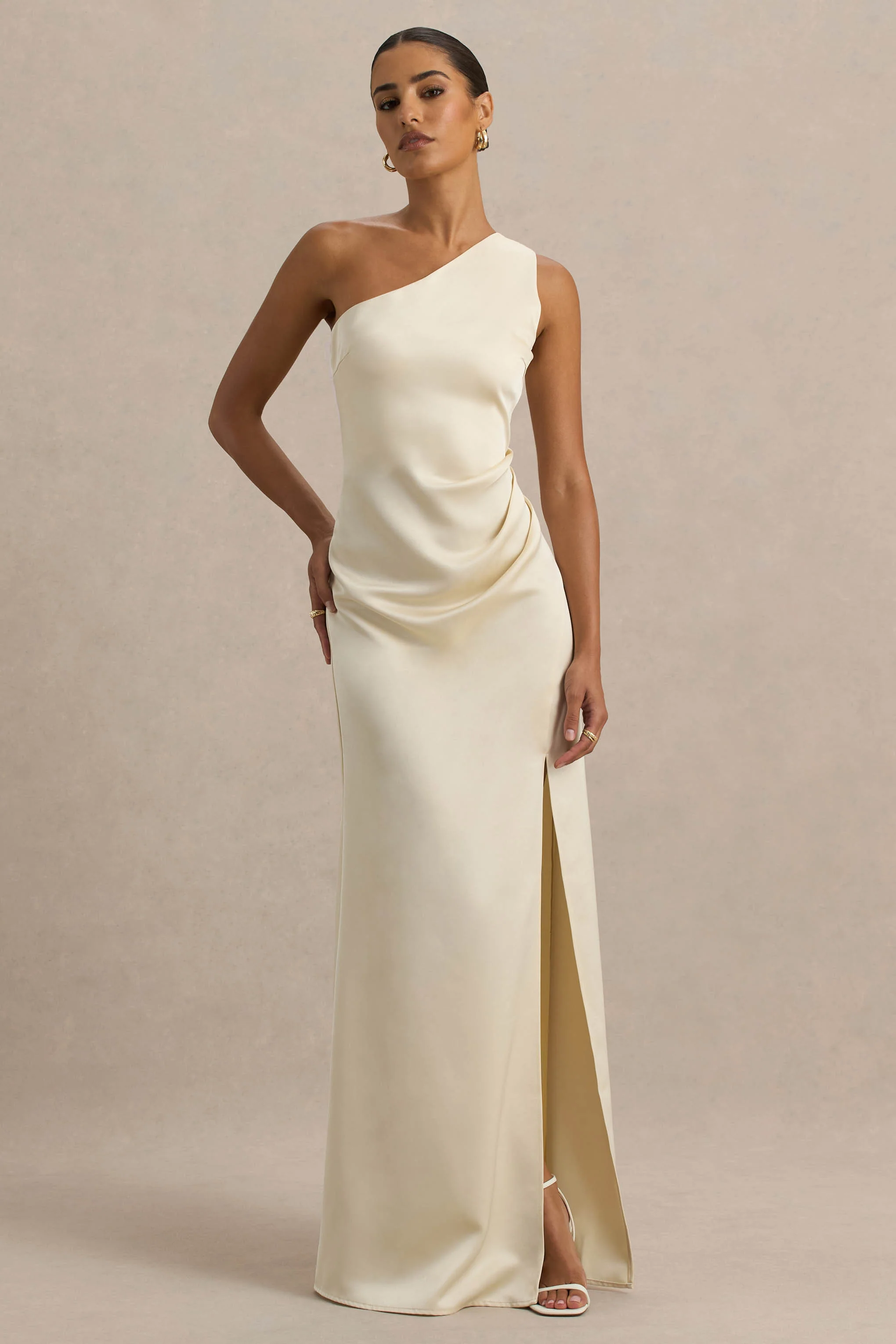 Beth | Pale Lemon Asymmetric Neckline High-Split Maxi Dress