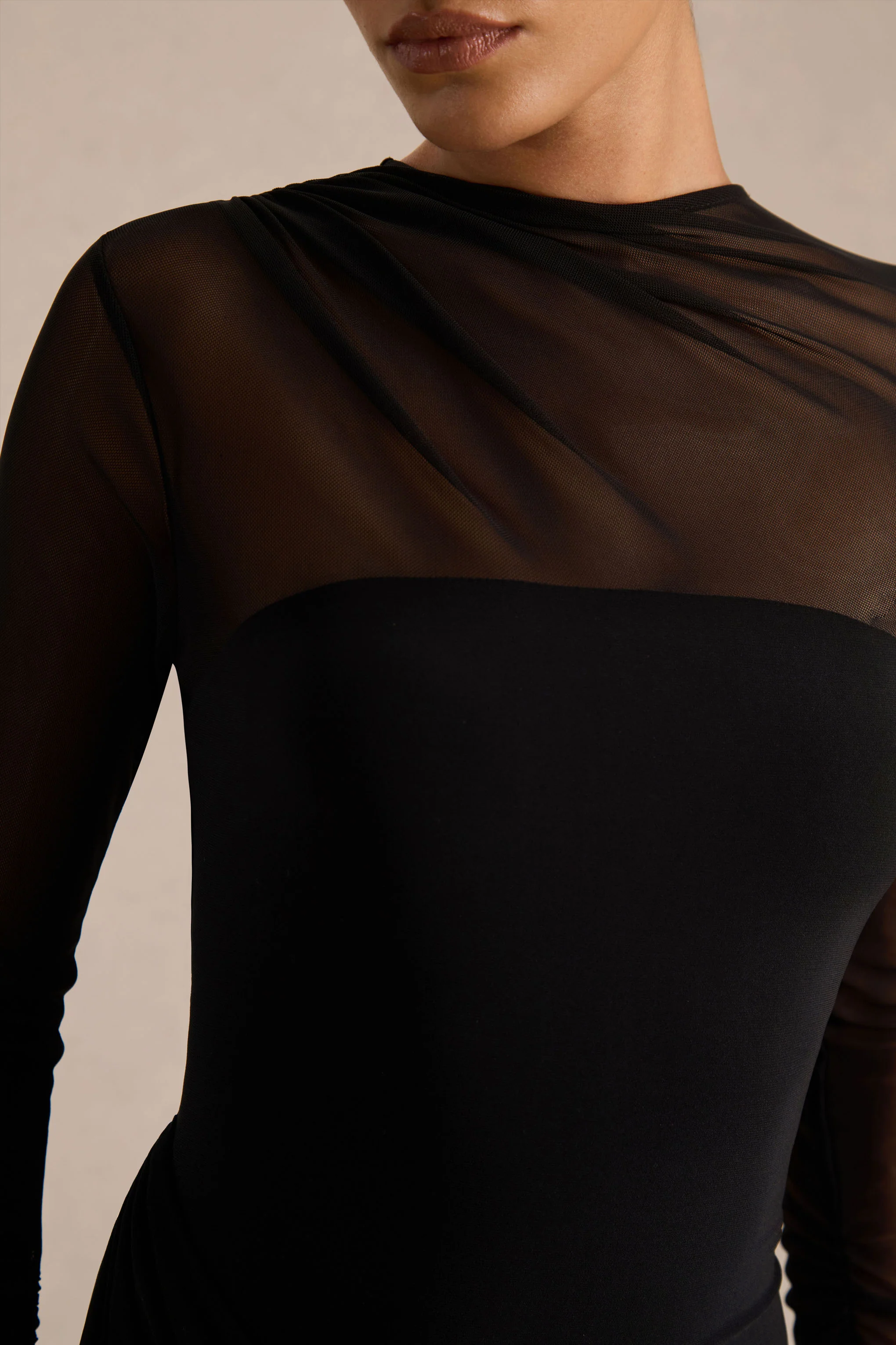 Deema | Black Jersey And Mesh High Neck Maxi Dress