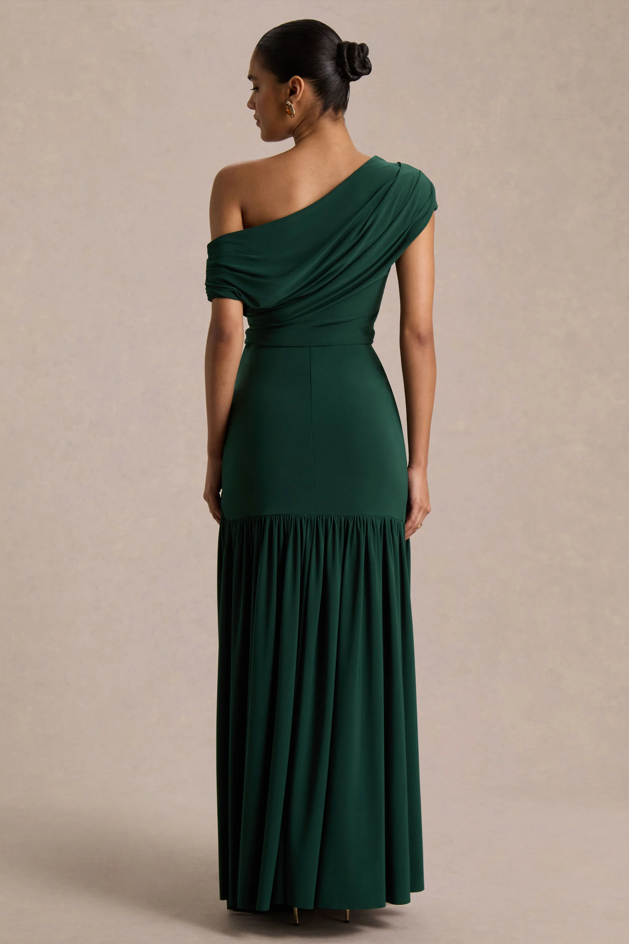 Kady | Dark Green Asymmetric-Neck Maxi Dress With Ruched Detailing