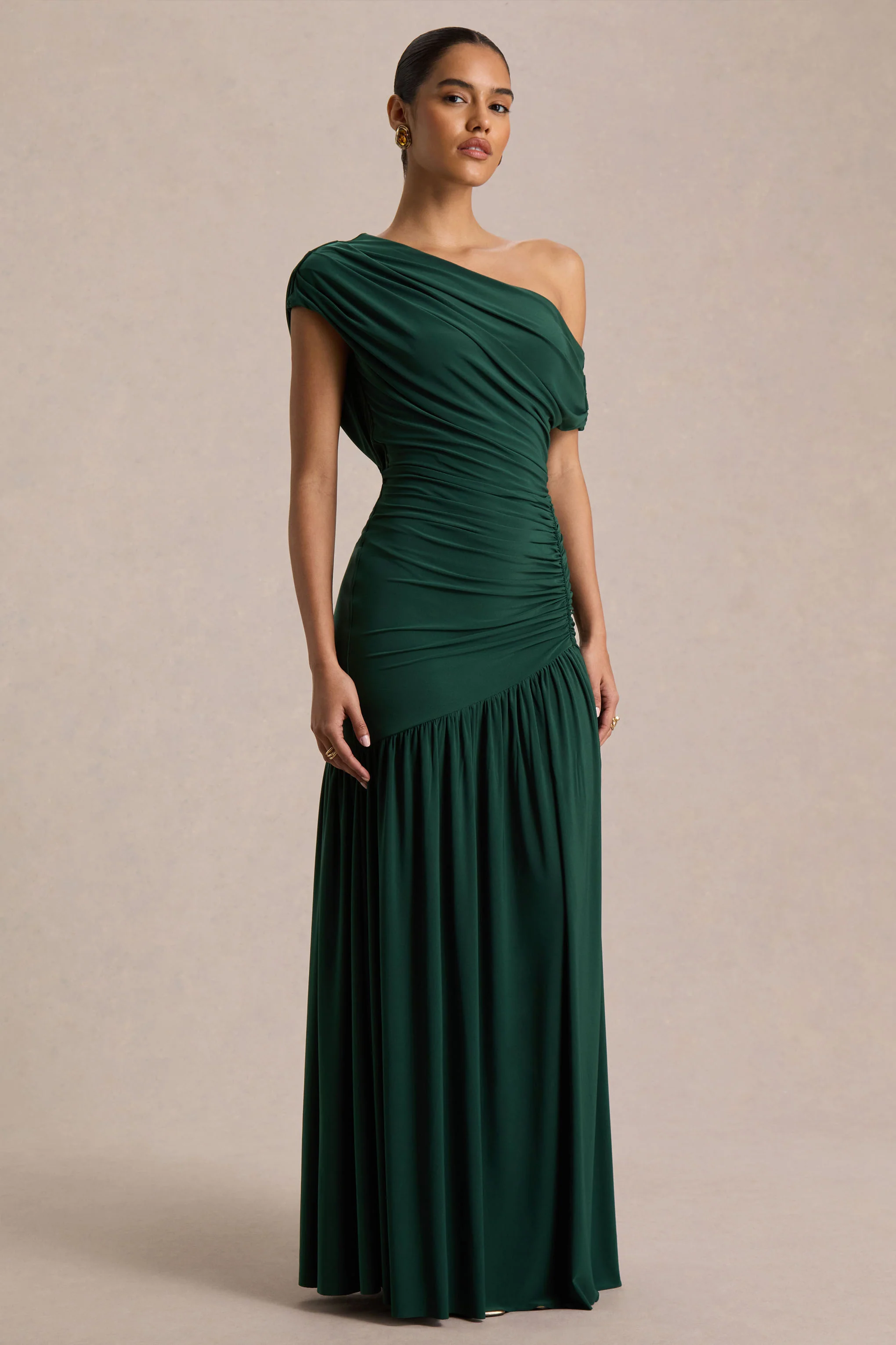 Kady | Dark Green Asymmetric-Neck Maxi Dress With Ruched Detailing