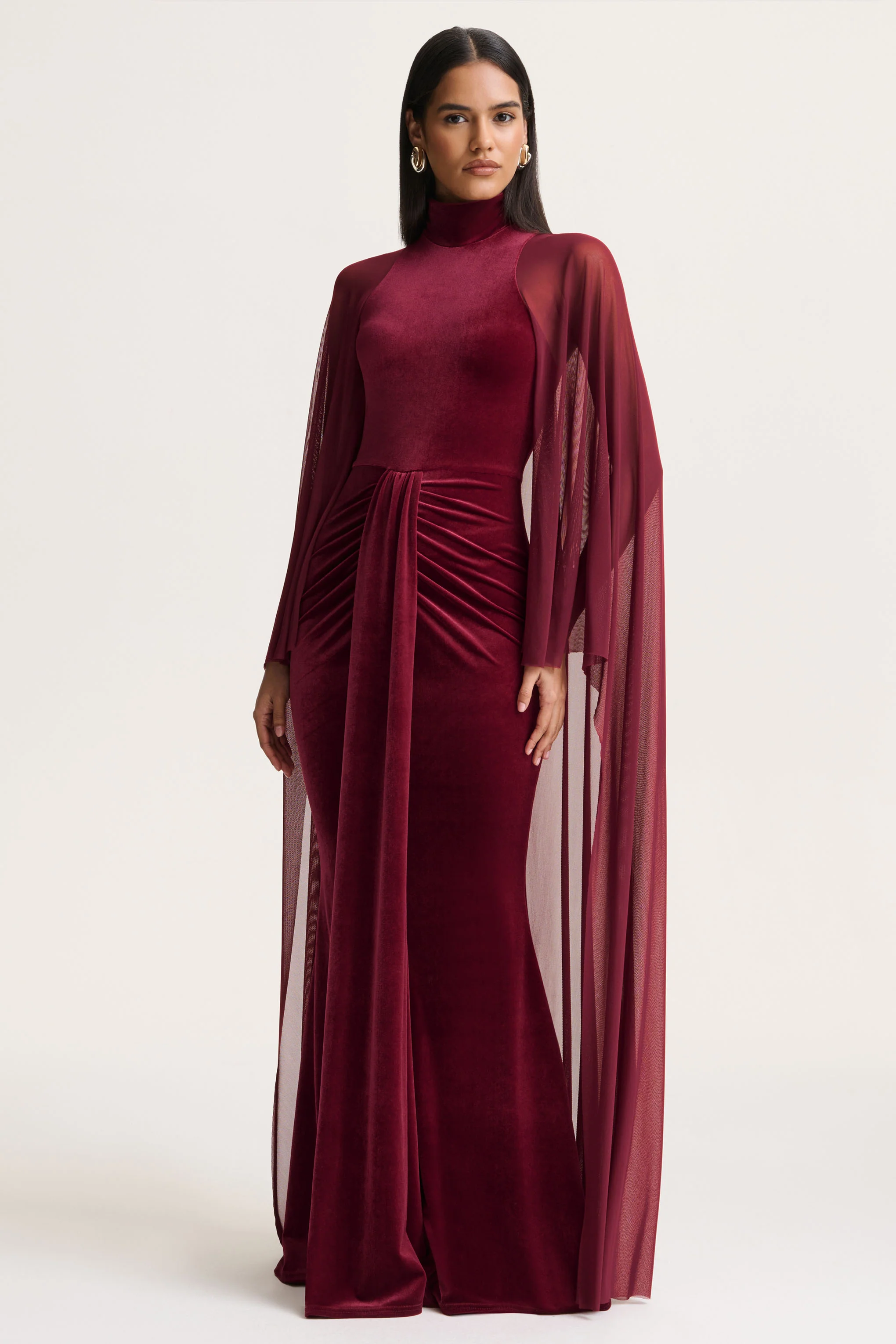 Adoring | Burgundy Velvet High-Neck Maxi Dress With Cape
