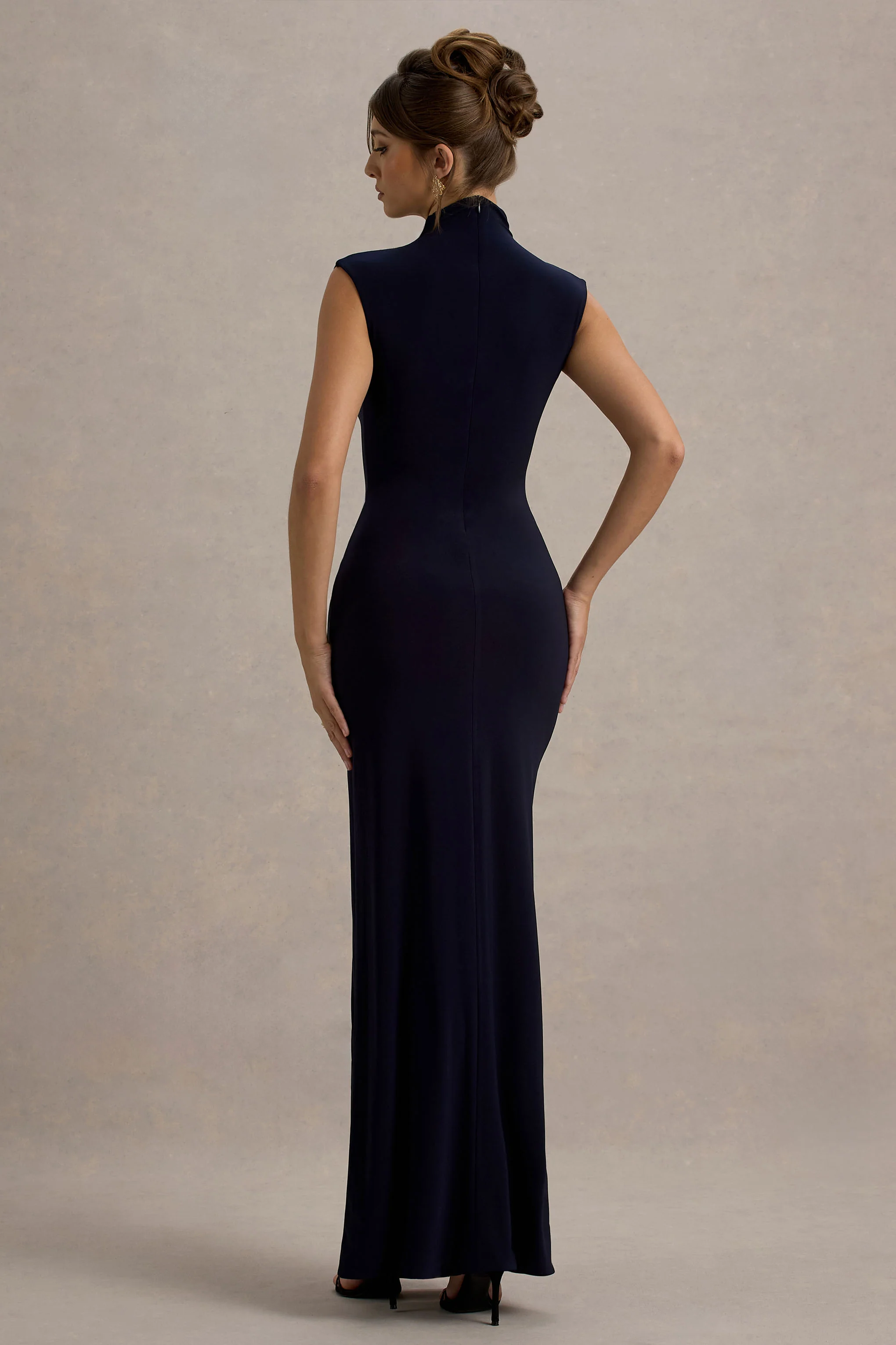 Lanetta | Navy Ruched High-Neck Maxi Dress With Split