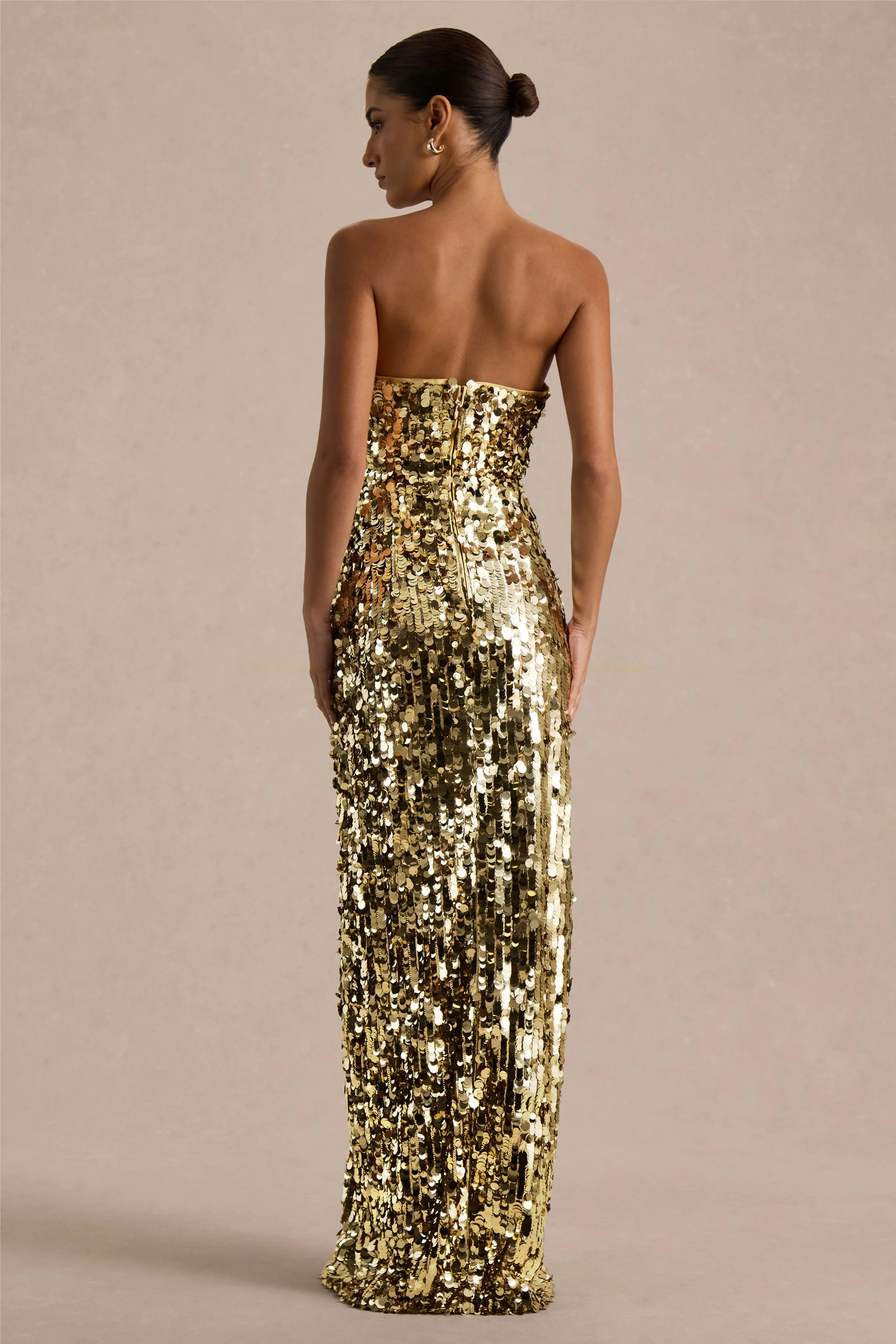 Nerea | Gold Sequin Bandeau Maxi Dress With Front High-Split