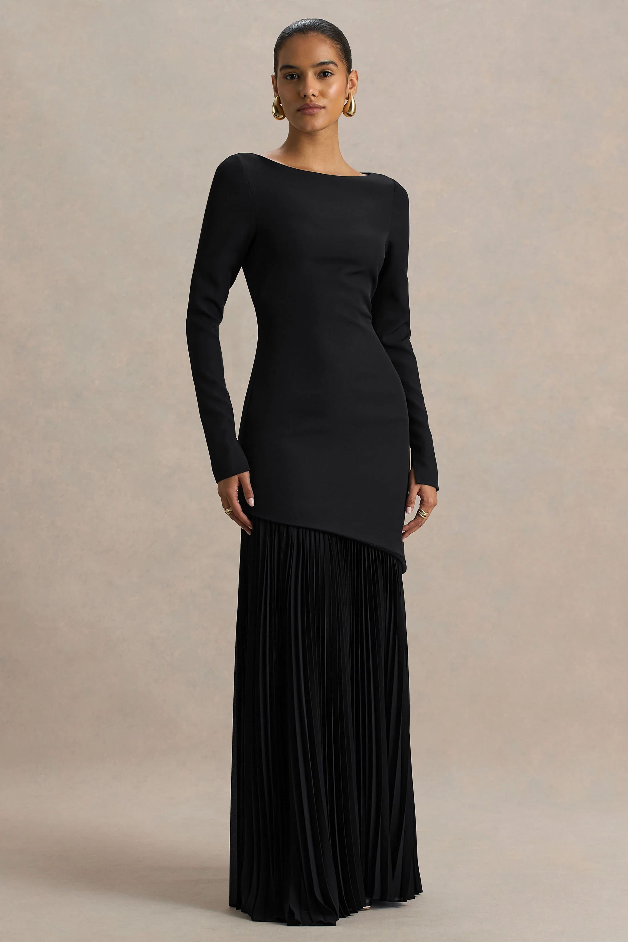 Yanira | Black Crepe And Georgette Boat-Neck Maxi Dress With Drop Waist
