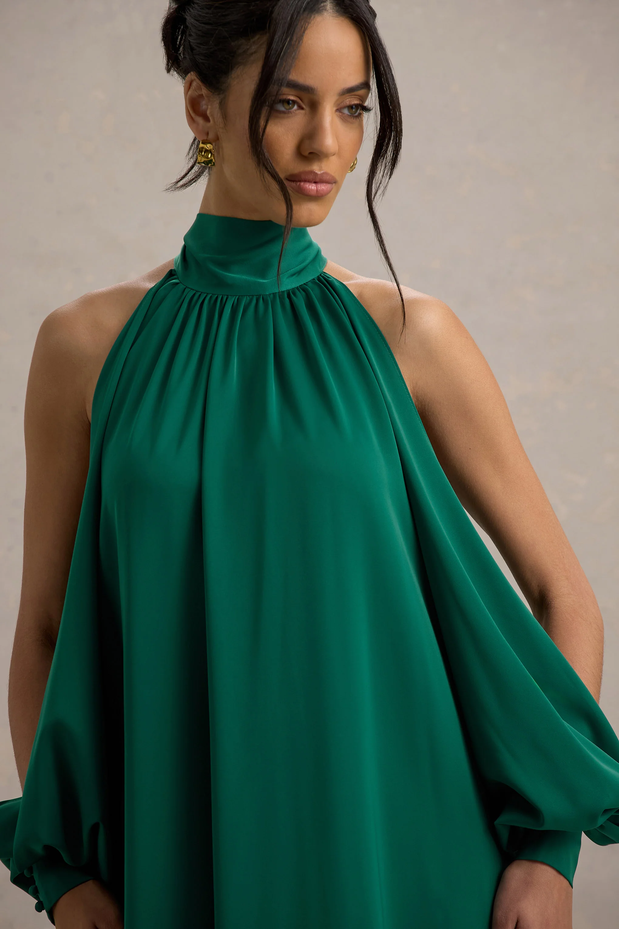 Baila | Bottle Green Satin High-Neck Cape-Sleeve Maxi Dress
