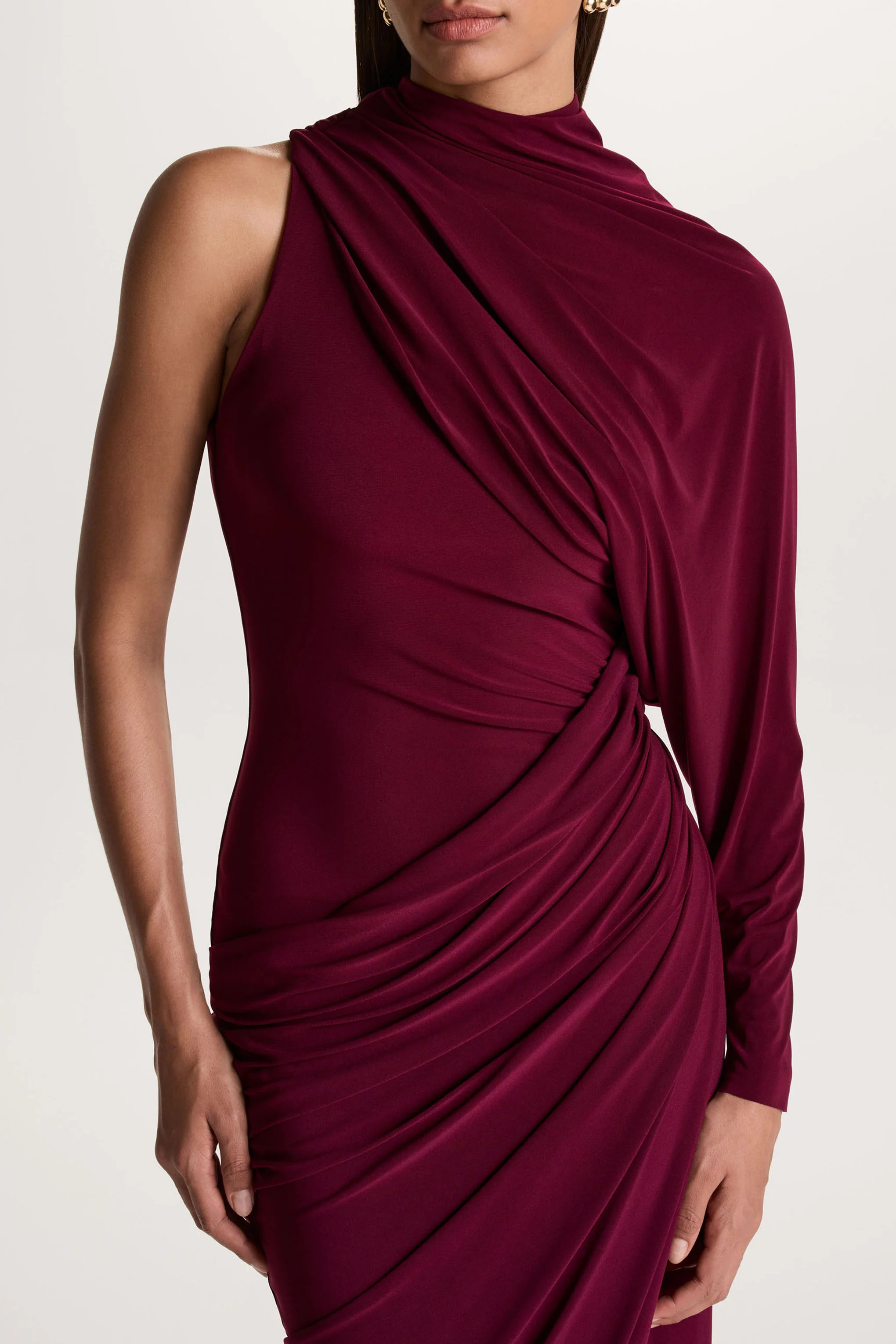 Aphra | Burgundy High-Neck Maxi Dress With Cape-Sleeve