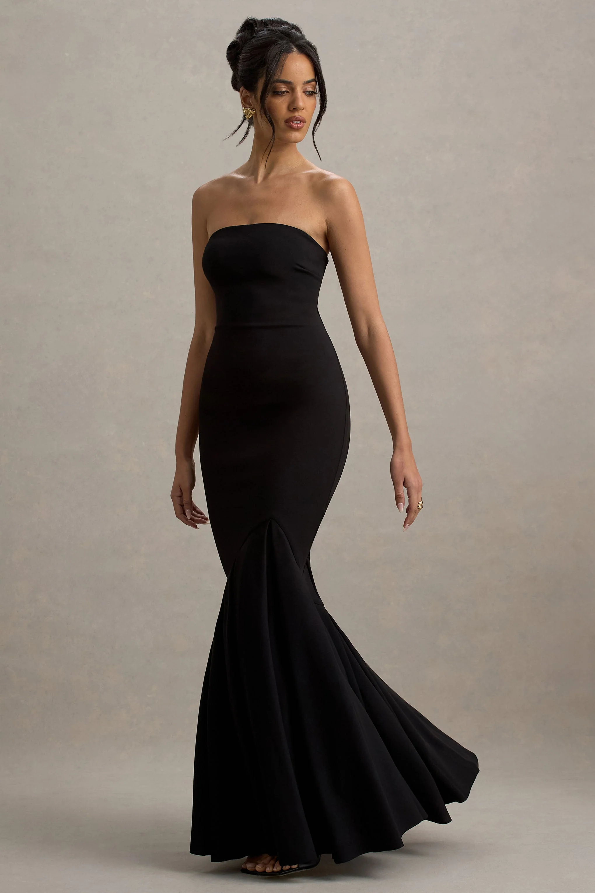 Angela | Black Bandeau Fishtail Maxi Dress