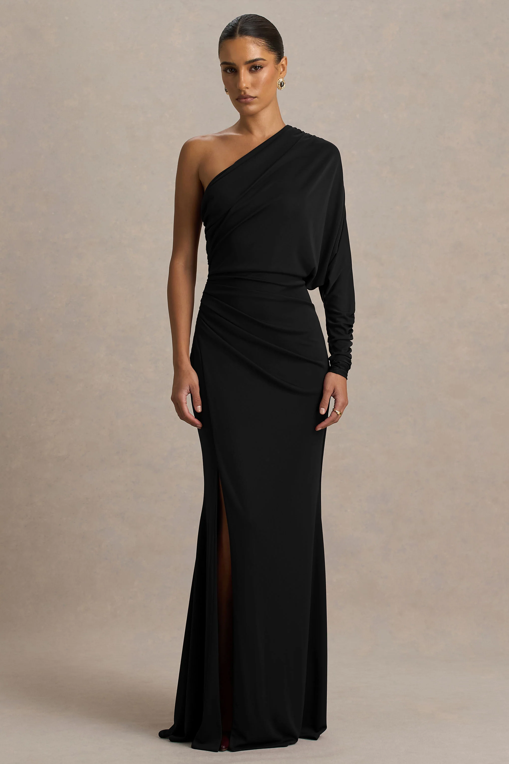 Lola | Black Asymmetric-Neck Maxi Dress With Ruched Detailing And Front High-Split