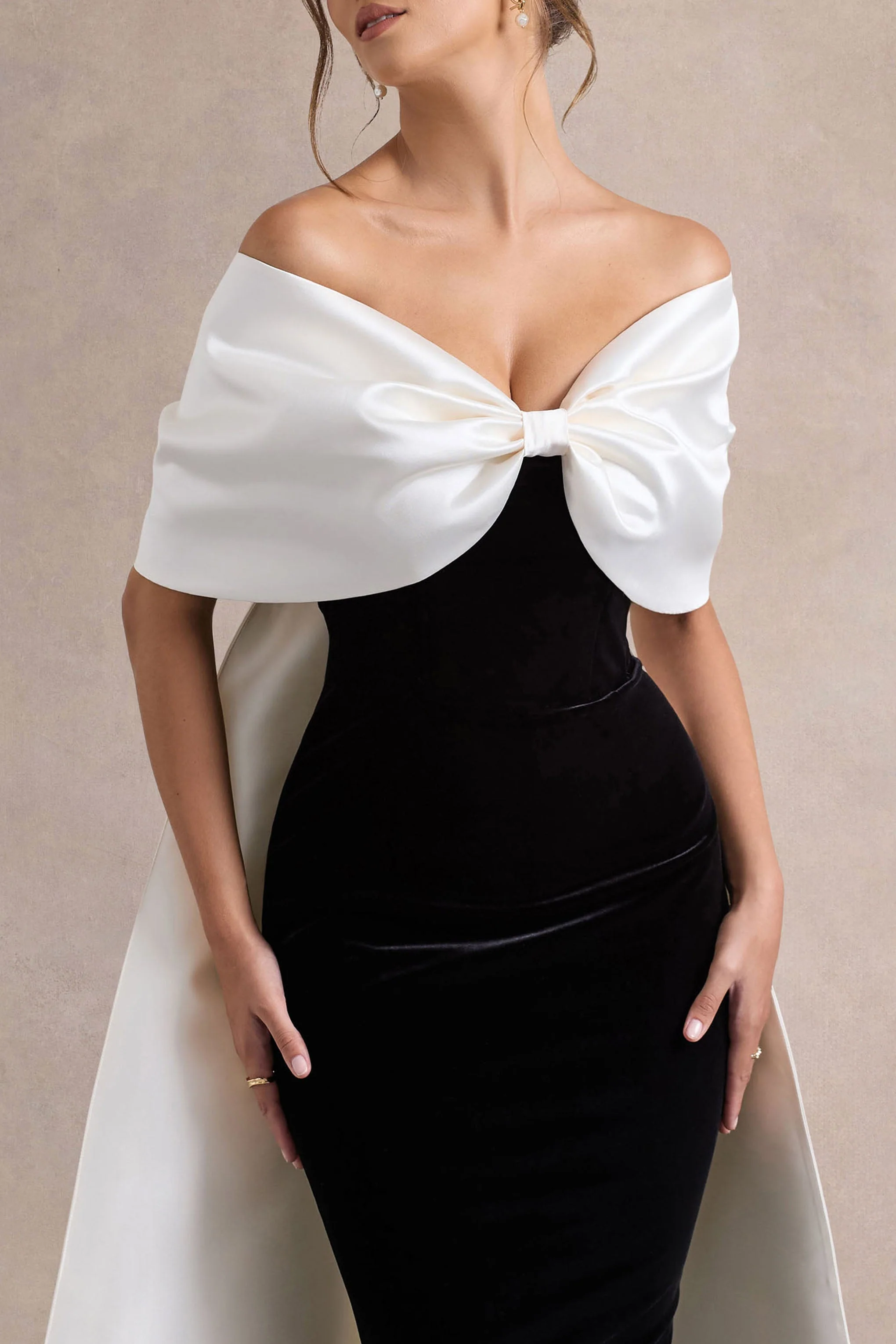 Wanting More | Black & White Satin Cape Maxi Dress With Oversized Bow