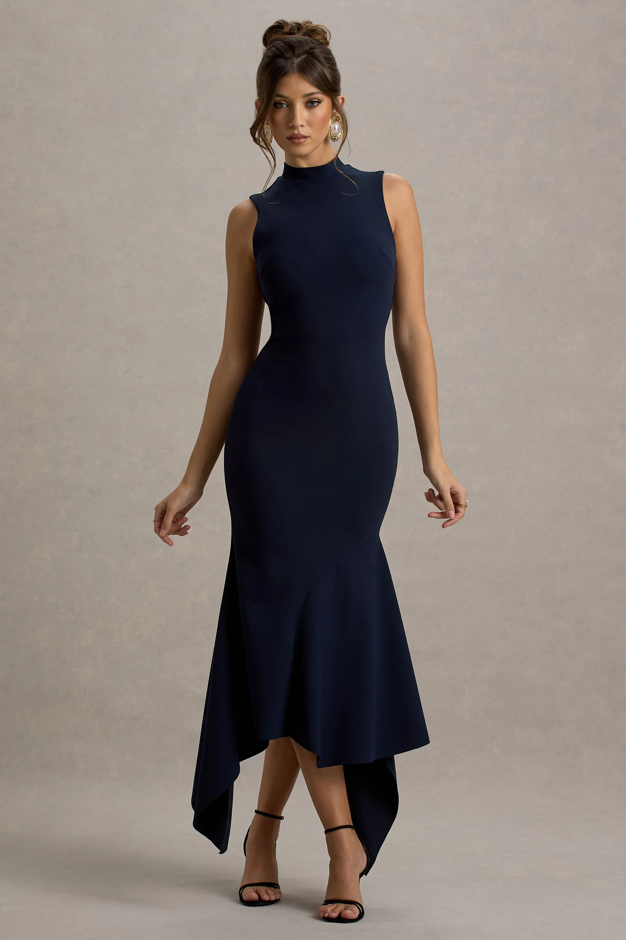 Janice | Navy High-Neck Hanky-Hem Maxi Dress
