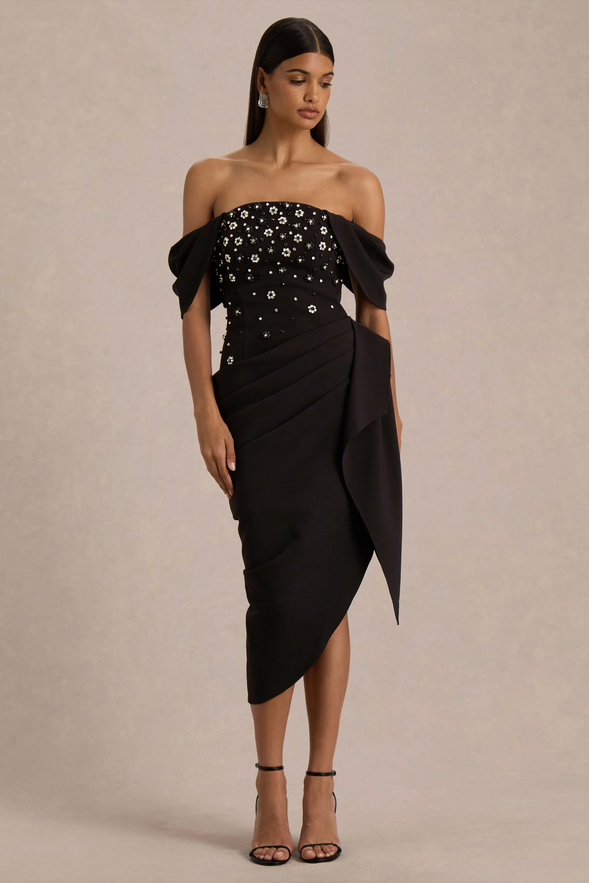 Sylvia | Black Hand-Embellished Bardot-Neck Midi Dress With Draped Satin-Wrap Skirt