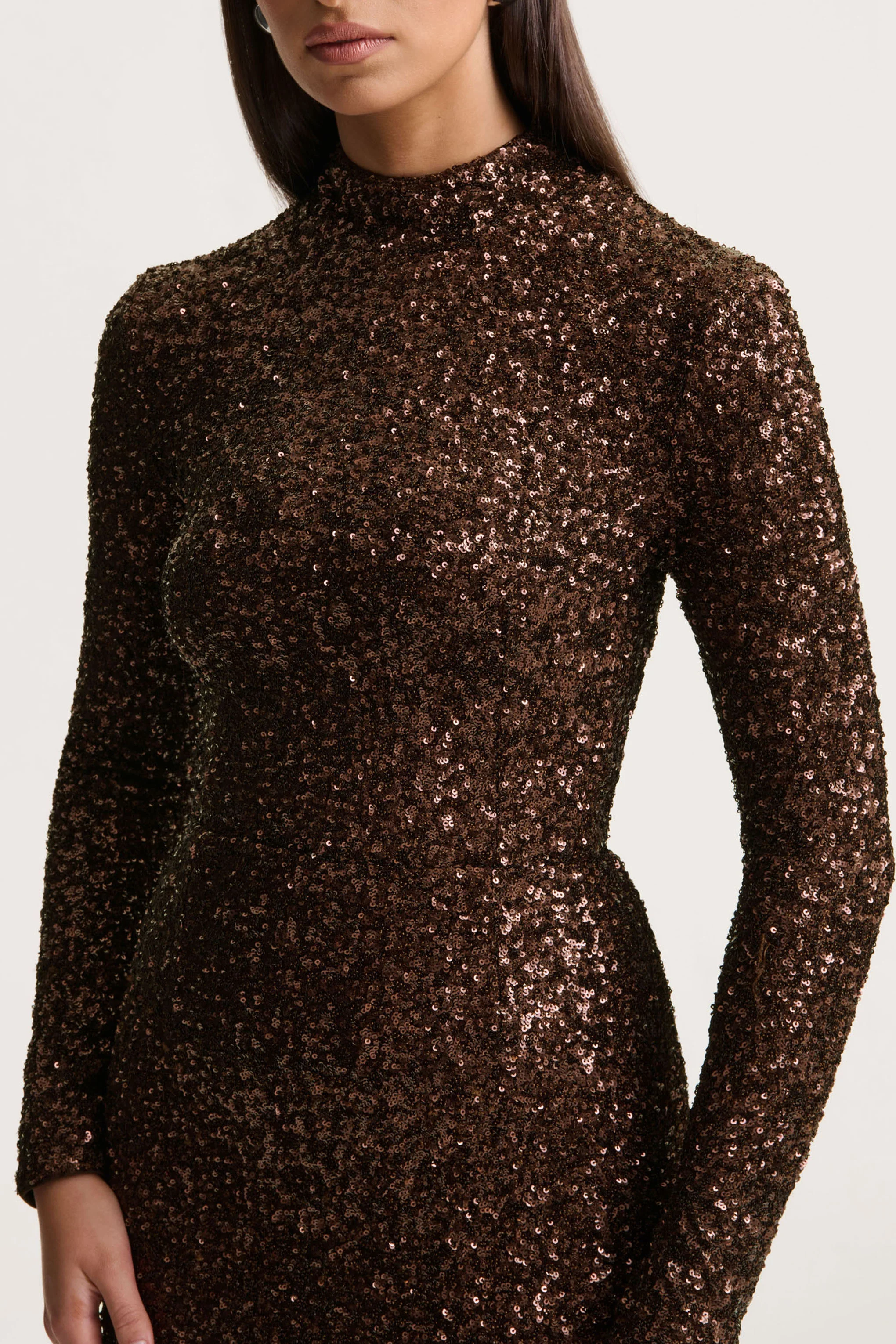 Galaxy | Brown Sequin Turtle-Neck Long-Sleeve Maxi Dress